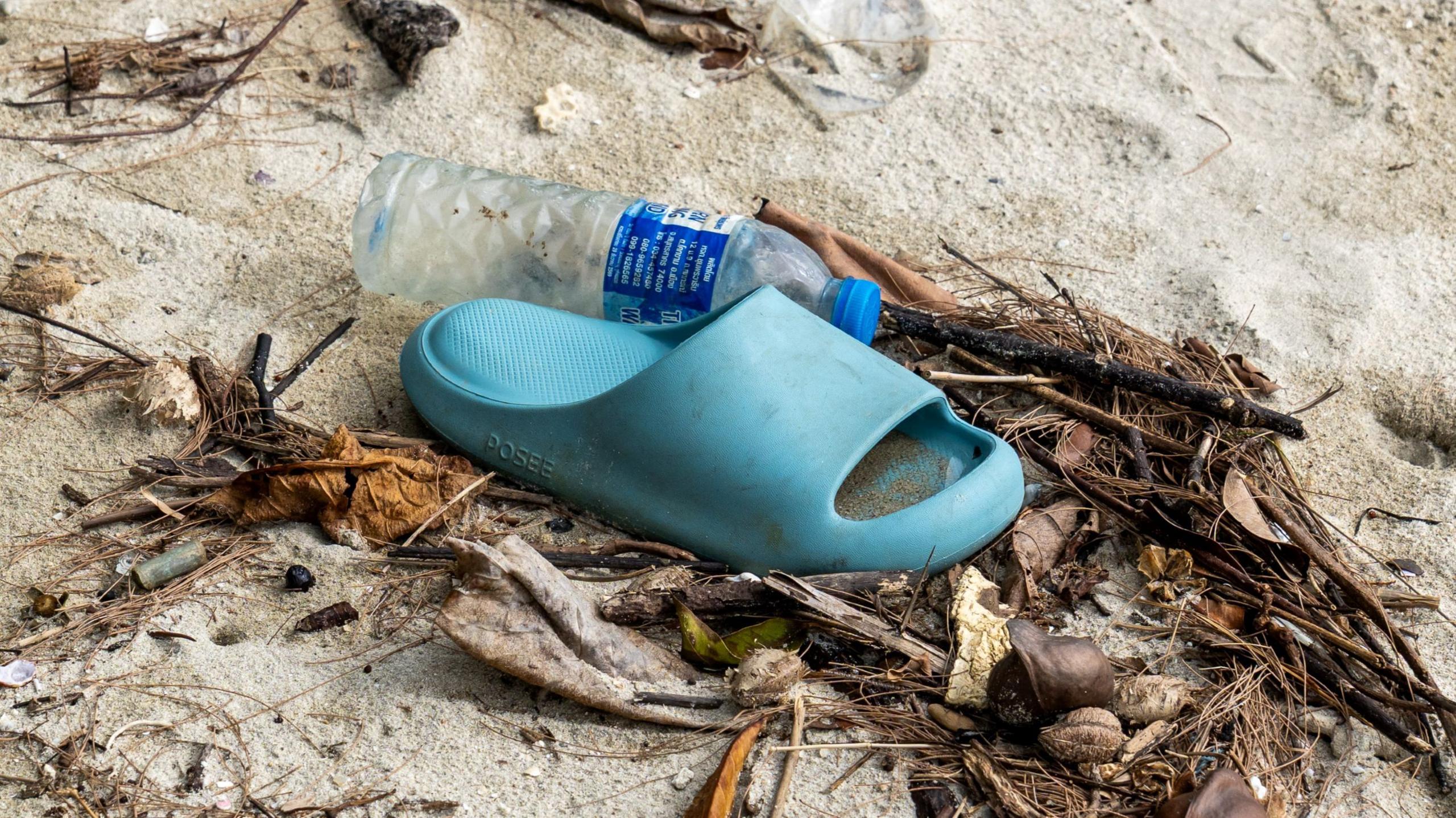 A light blue slip-on sandal and a plastic water bottle lying on sand. There's also organic debris made up of leaves, seaweed and twigs.