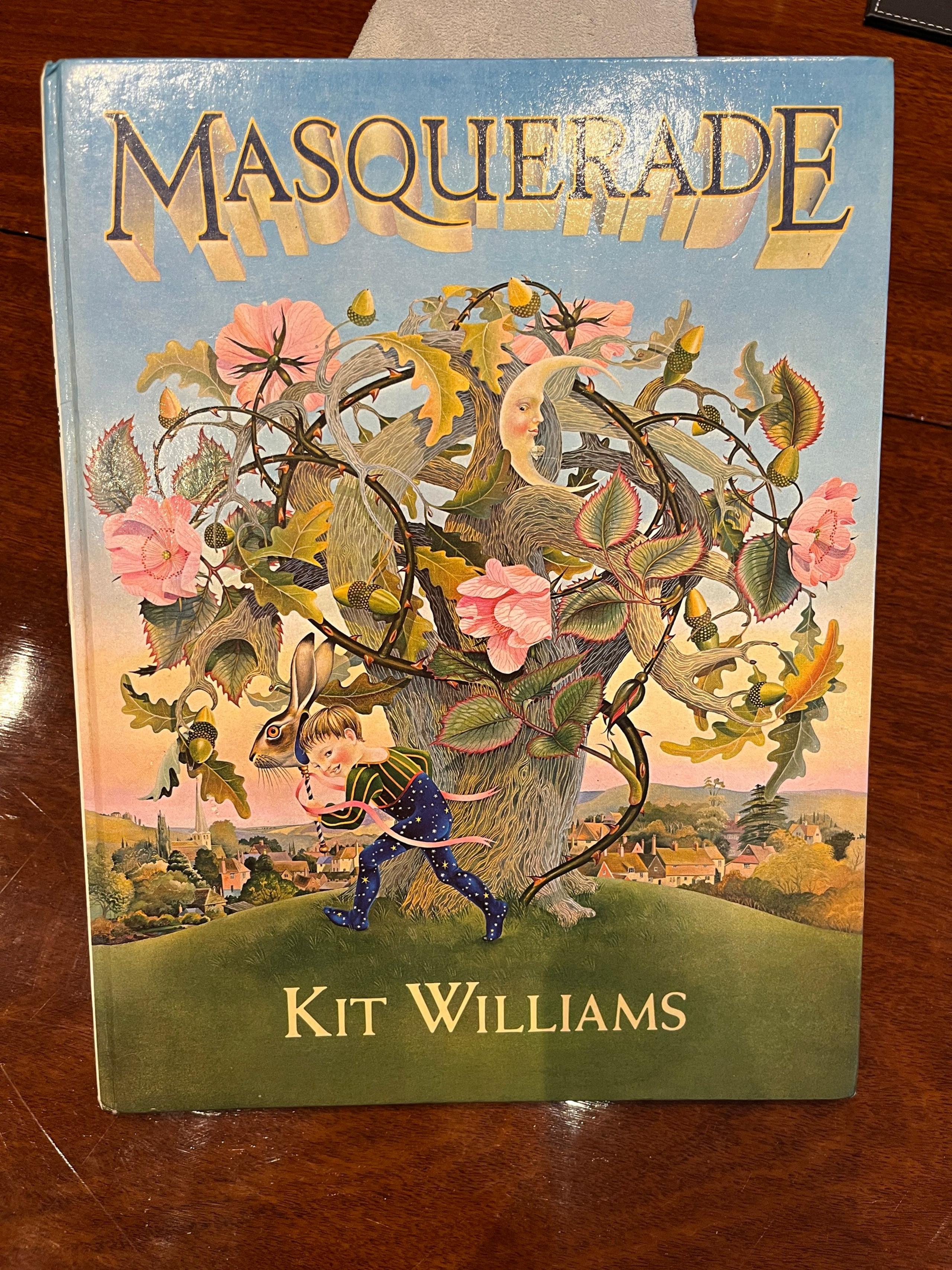 The cover art for Masquerade has a tree blooming with flowers and leaves with a boy playing underneath