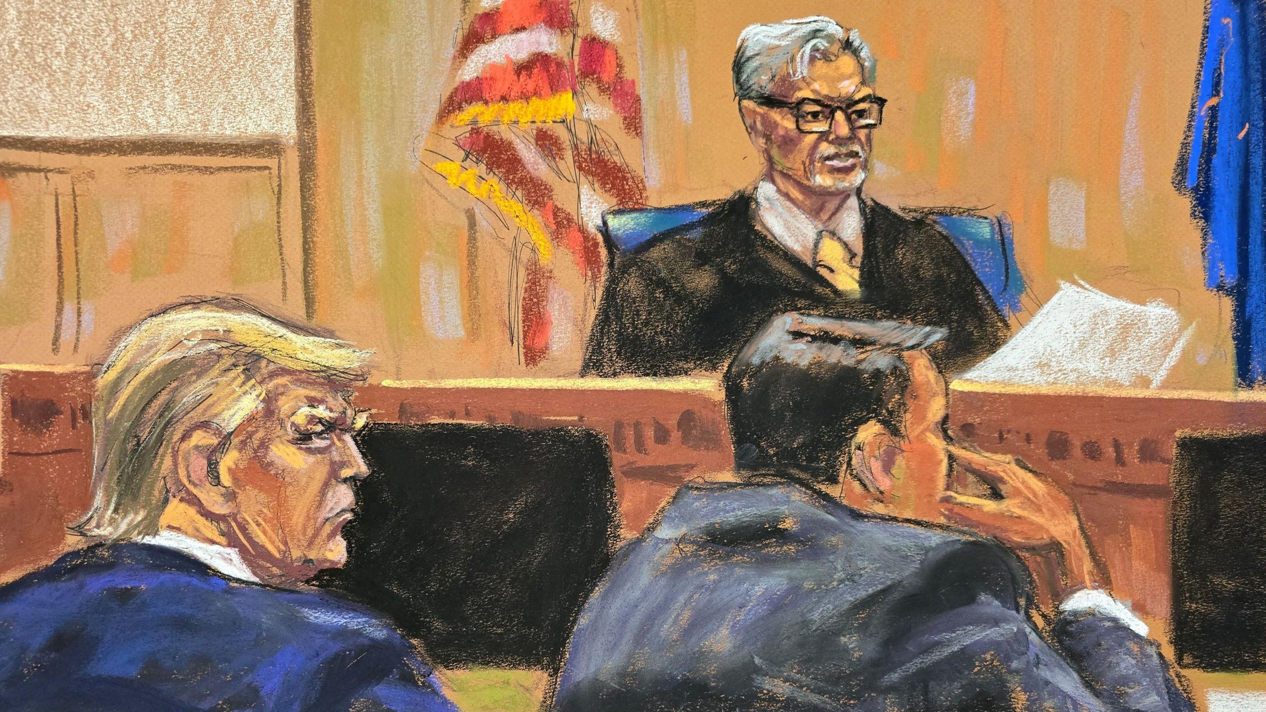 Justice Juan Merchan instructs the jury as former U.S. President Donald Trump looks on in a courtroom sketch