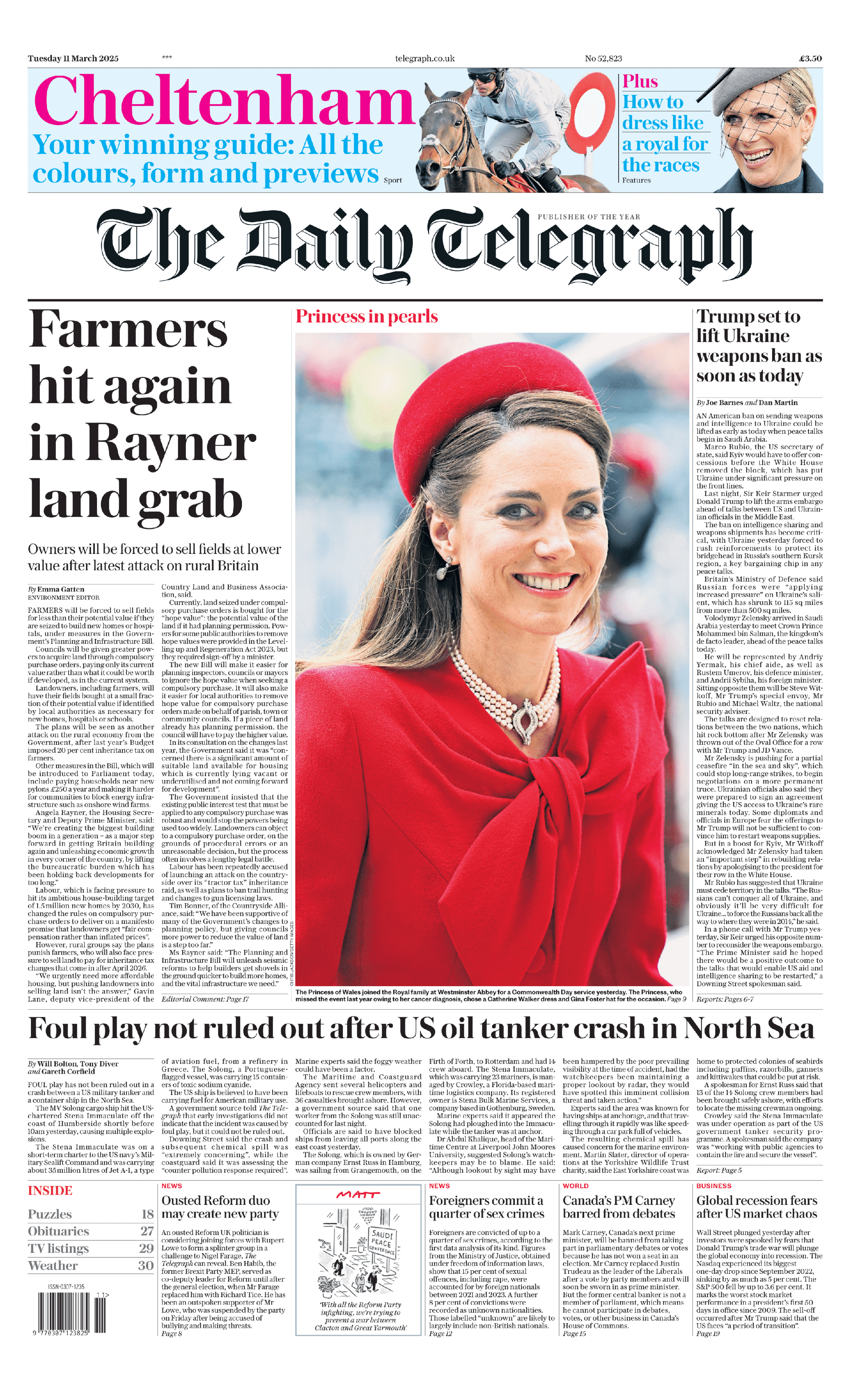 The Telegraph front page carries an image of the beaming Princess of Wales wearing a red hat and red bow outfit