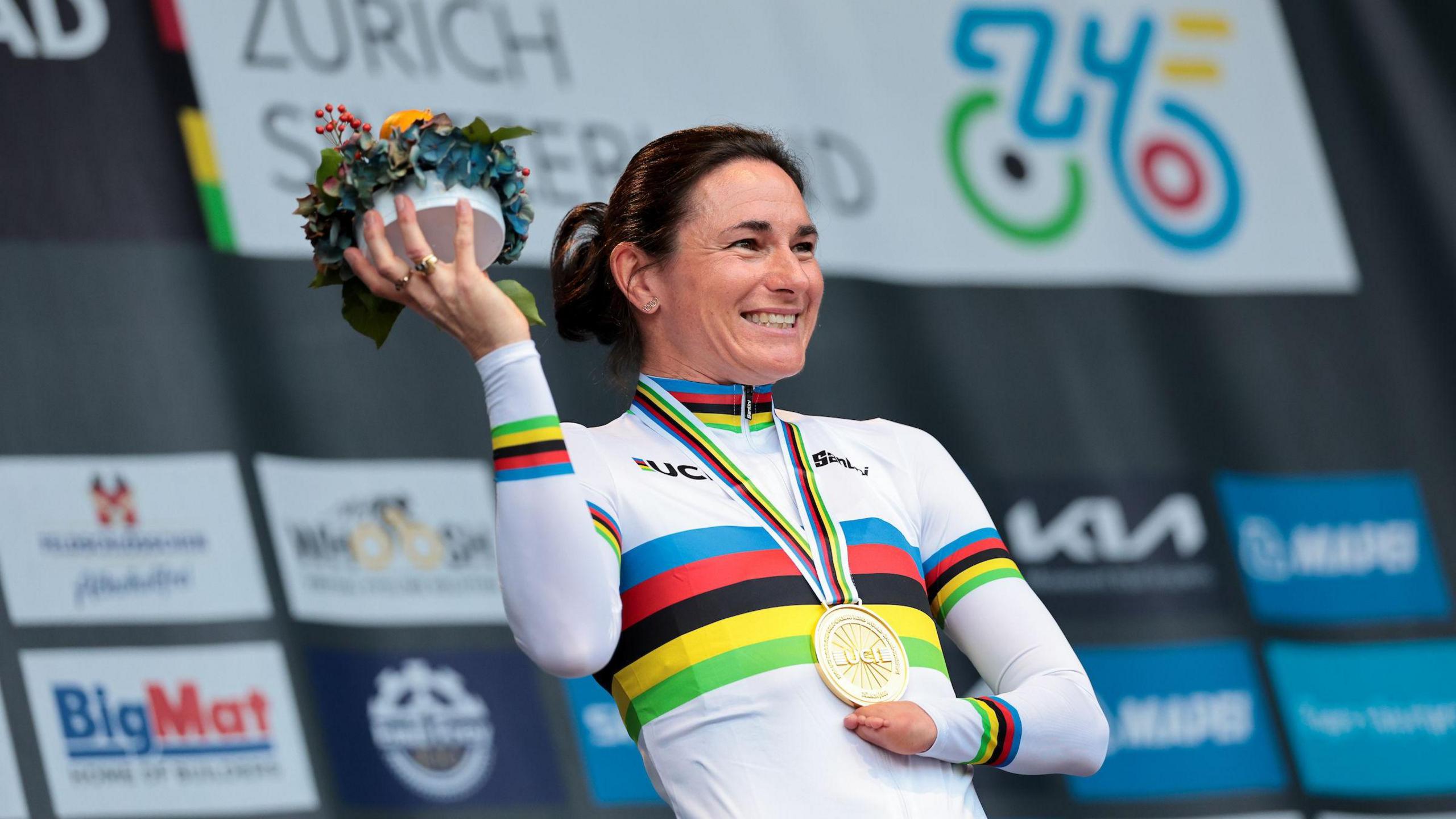 Sarah Storey on the podium after winning World Championship time trial gold