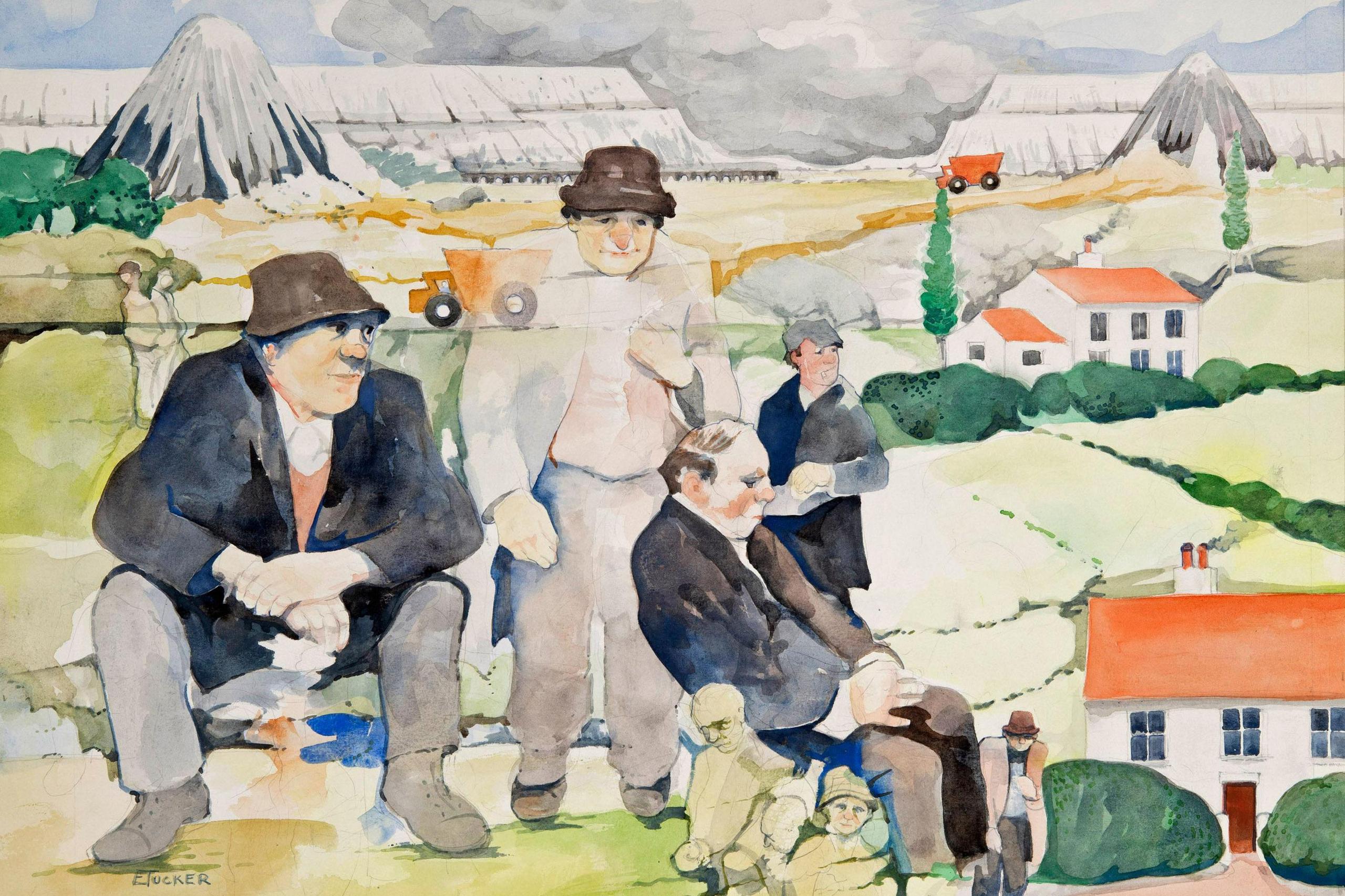 A coloured painting signed E Tucker which shows seven different figures against a rural backdrop and small grey mountains