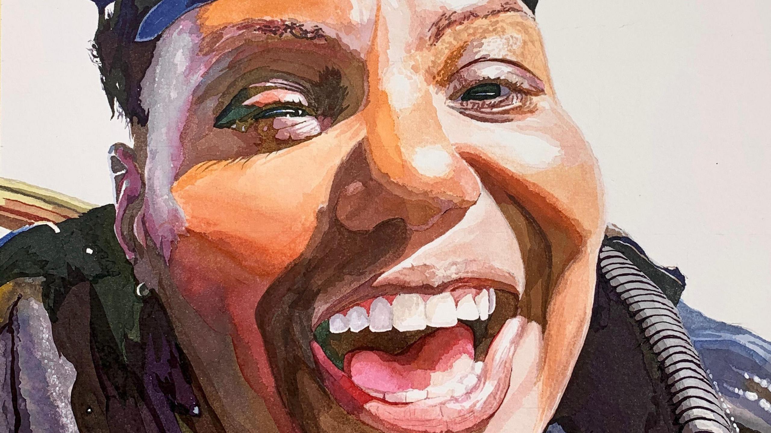 An ink painting of a woman with a big grin on her face. The painting is comprised of mostly brown, red and dark blue tones.