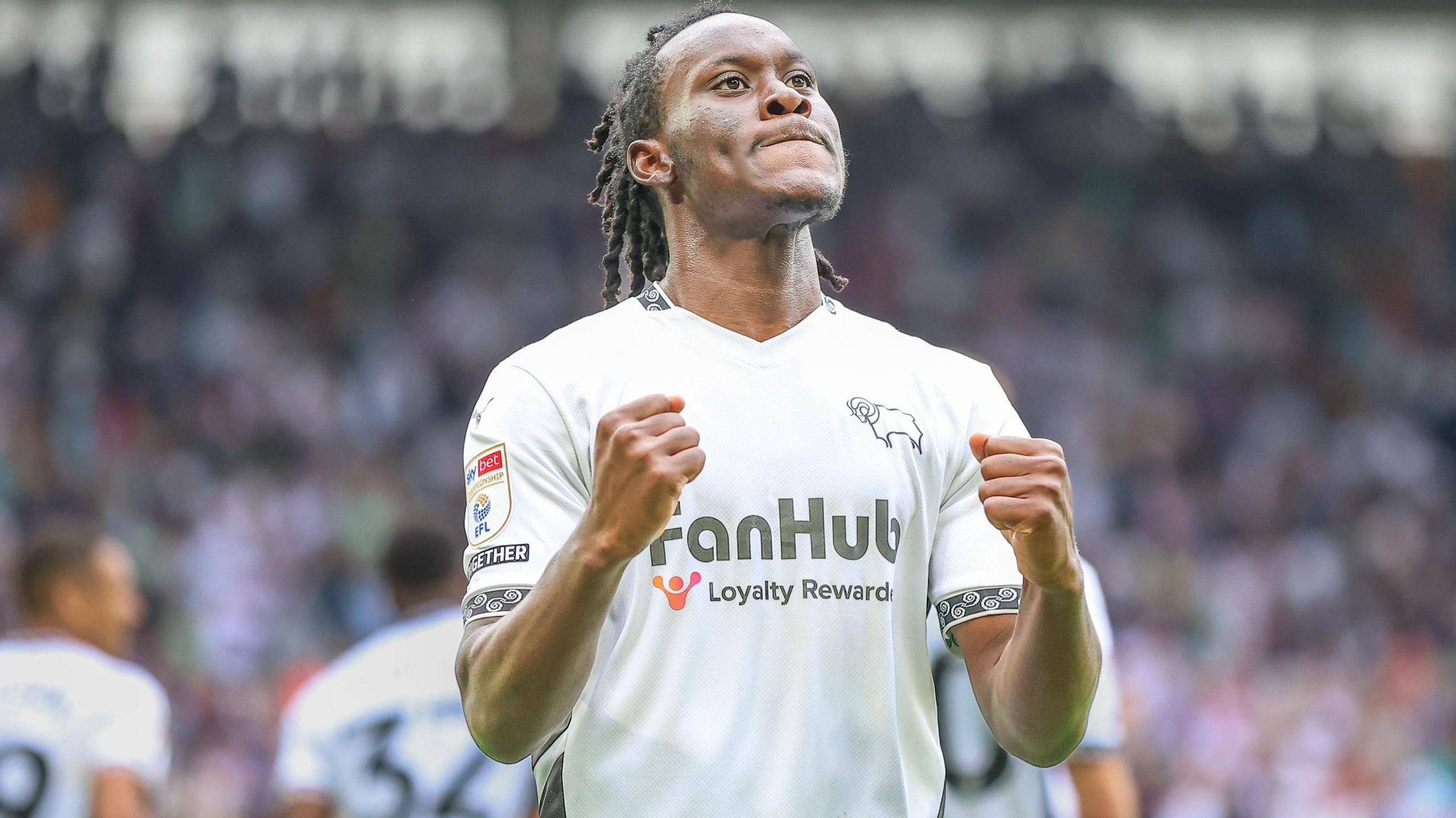 David Ozoh celebrates with fists clenched after scoring for Derby during the 2024-25 season