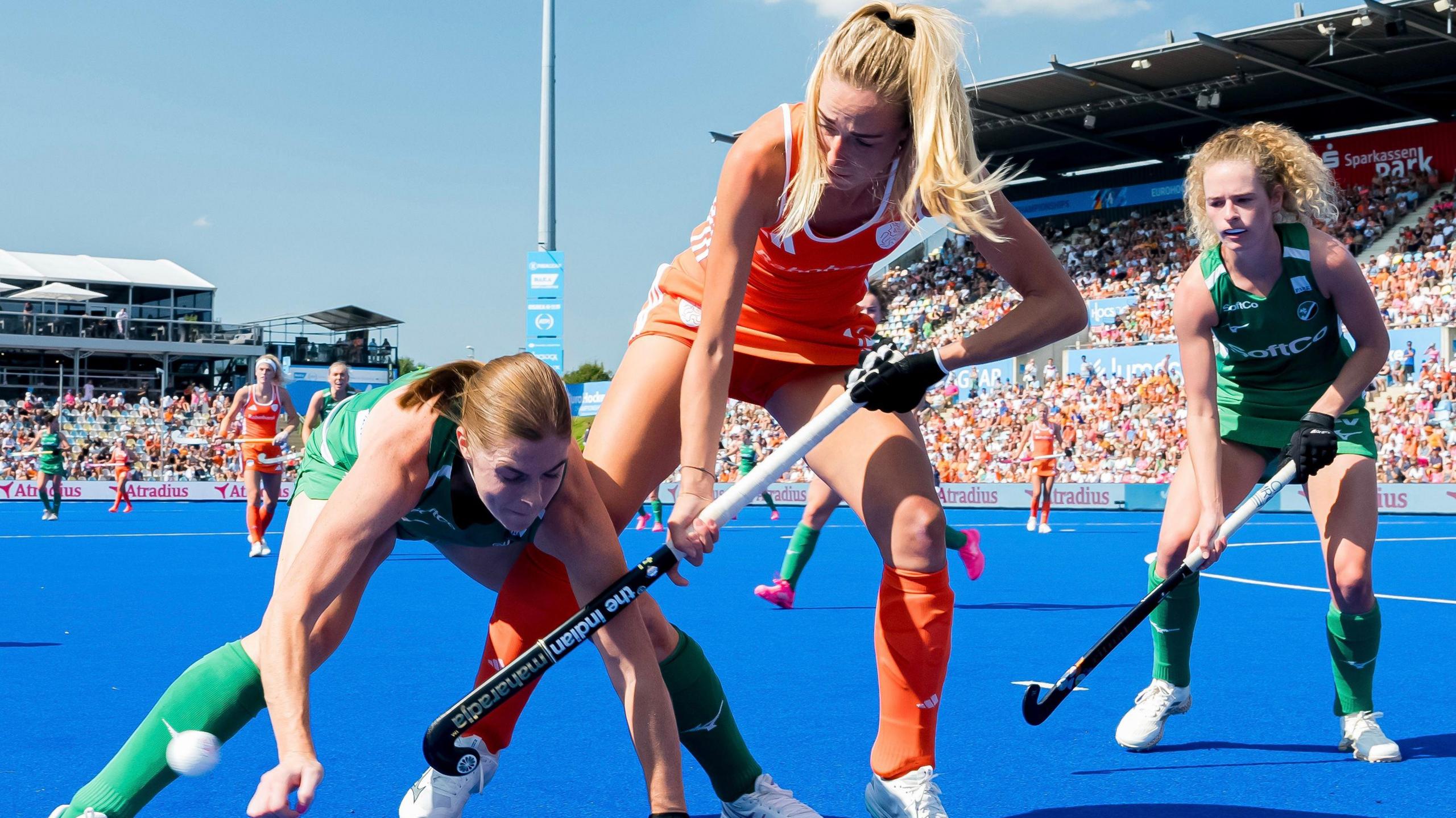 Ireland's Katie Mullan battles for possession against the Netherlands