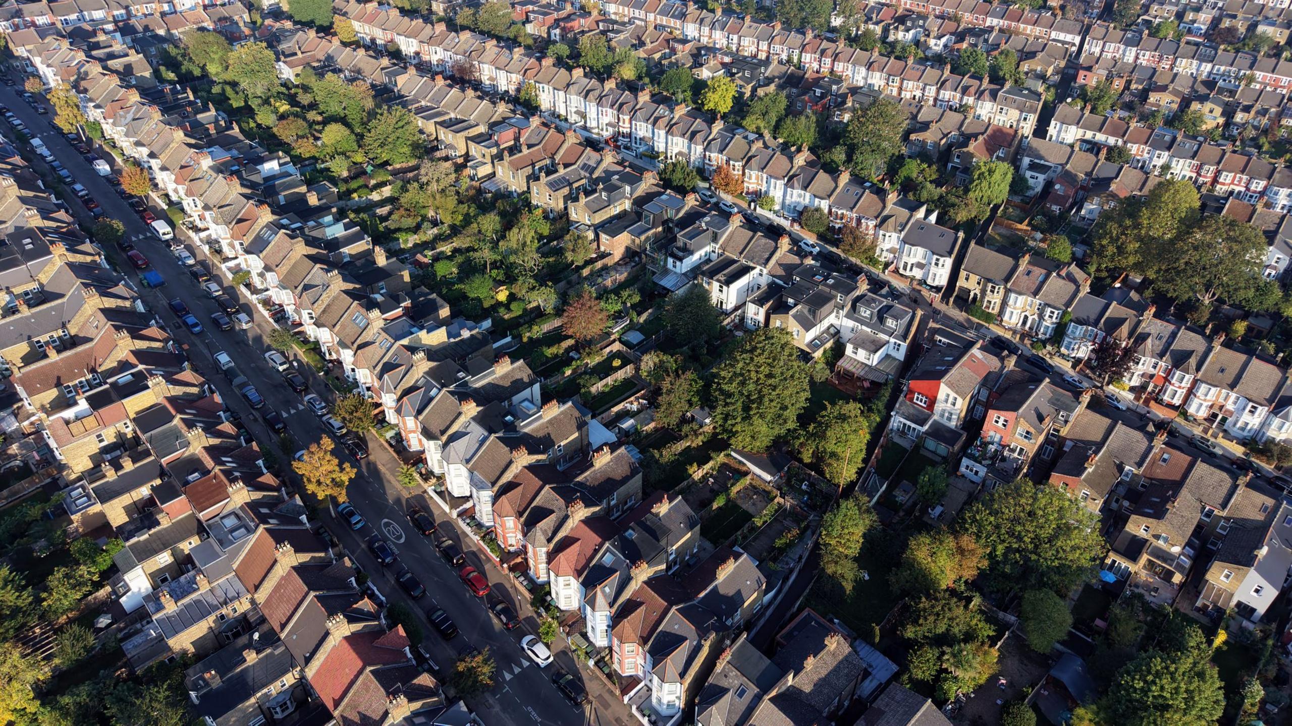 Aerial view of rows of houses in London