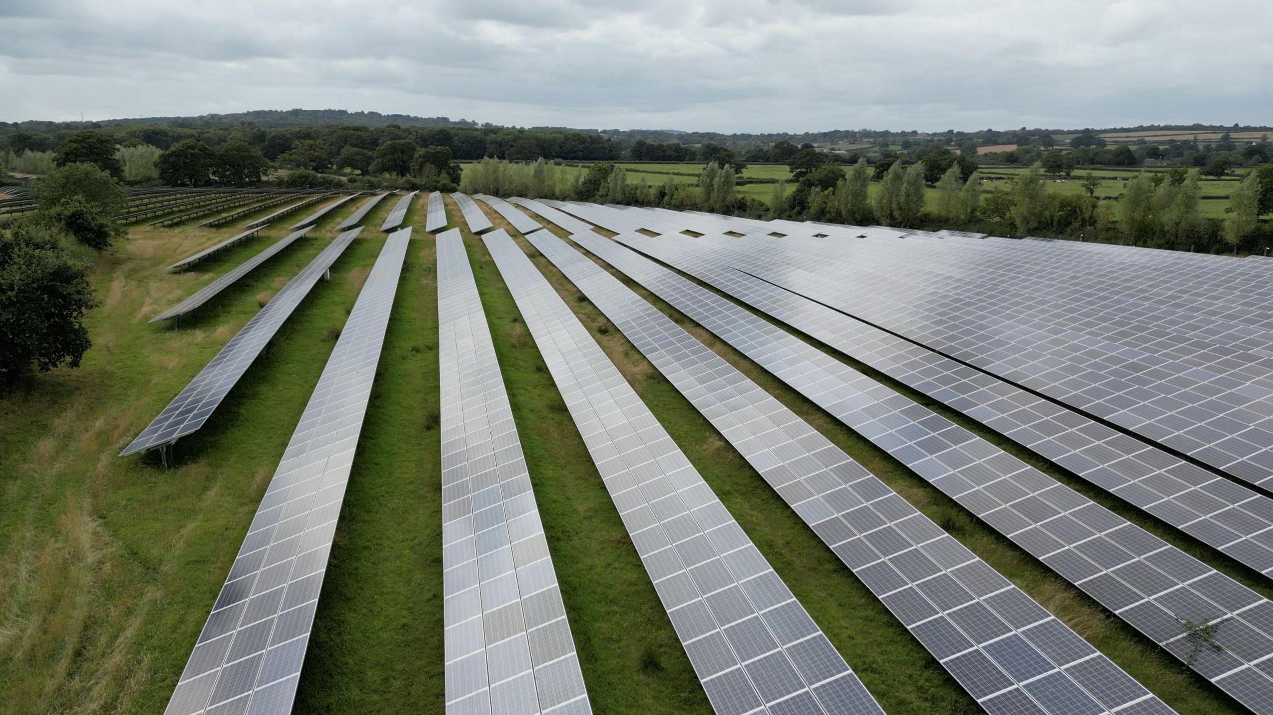 A solar farm with lines of panels in a green field