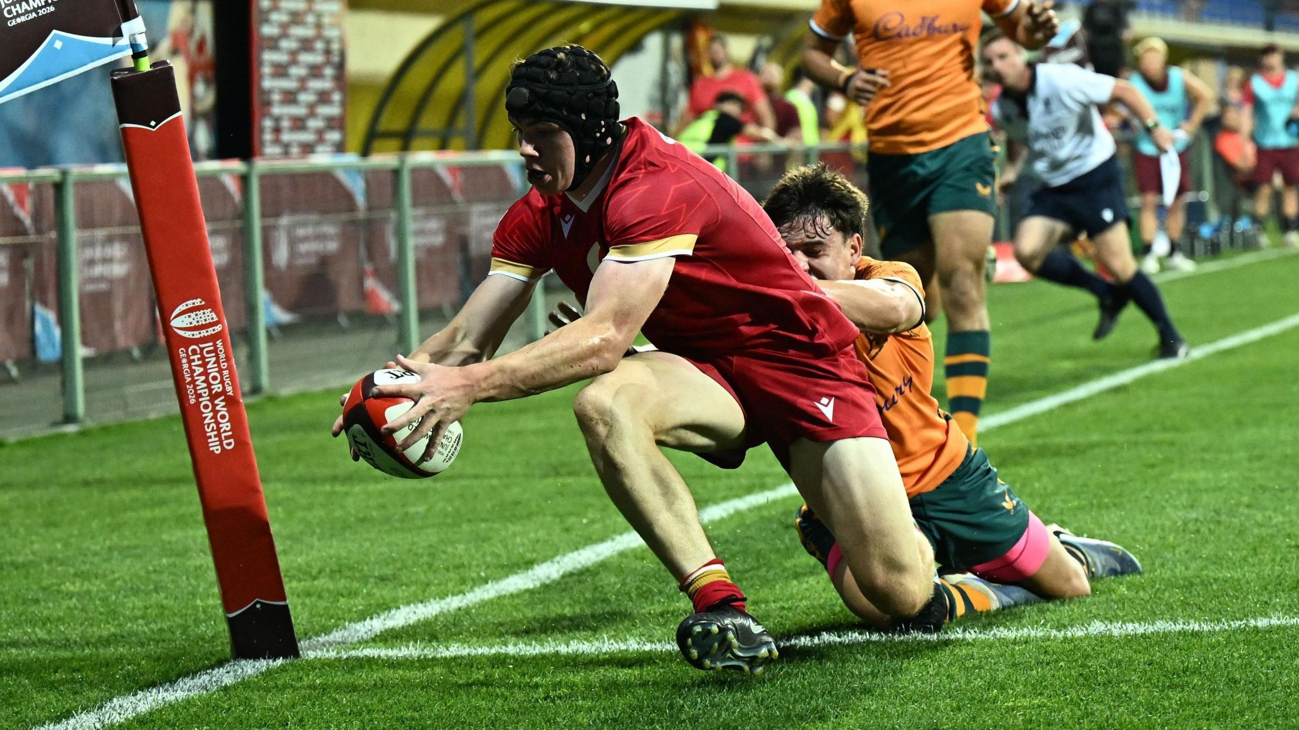 Rhys Cummings scores a try for Wales Under-20s against Australia