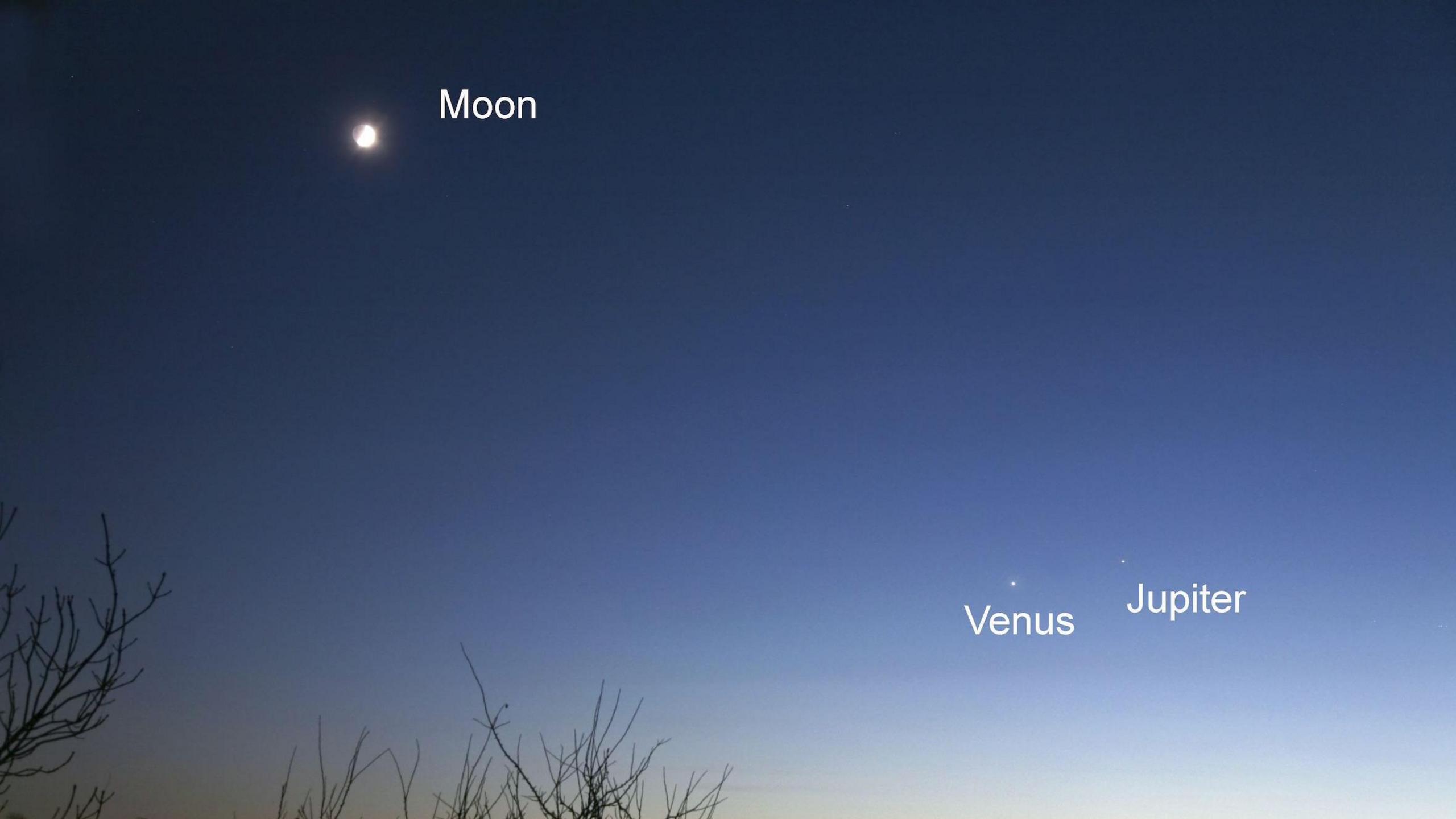 A picture showing three celestial bodies in the night sky, the Moon, Venus and Jupiter. Jupiter and Venus shown in close proximity to one another.
