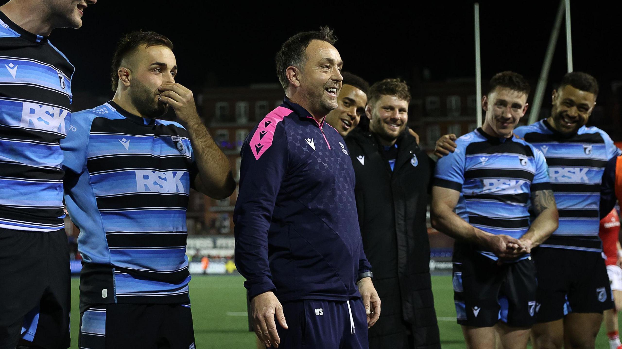 Cardiff head coach Matt Sherratt addresses his players on the pitch after a game at the Arms Park