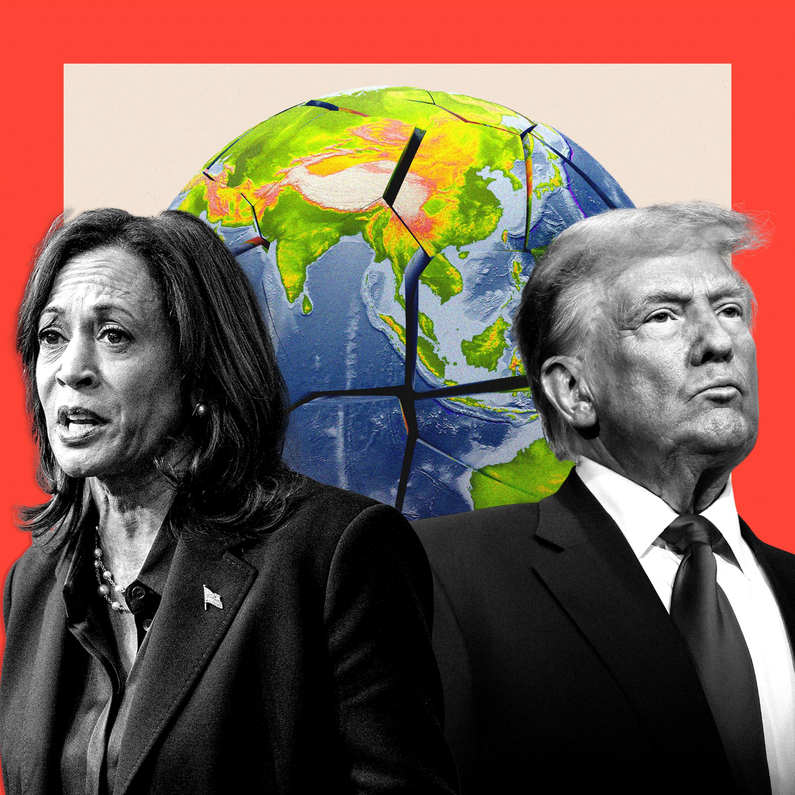 A treated image showing Kamala Harris and Donald Trump in front of a cracked globe