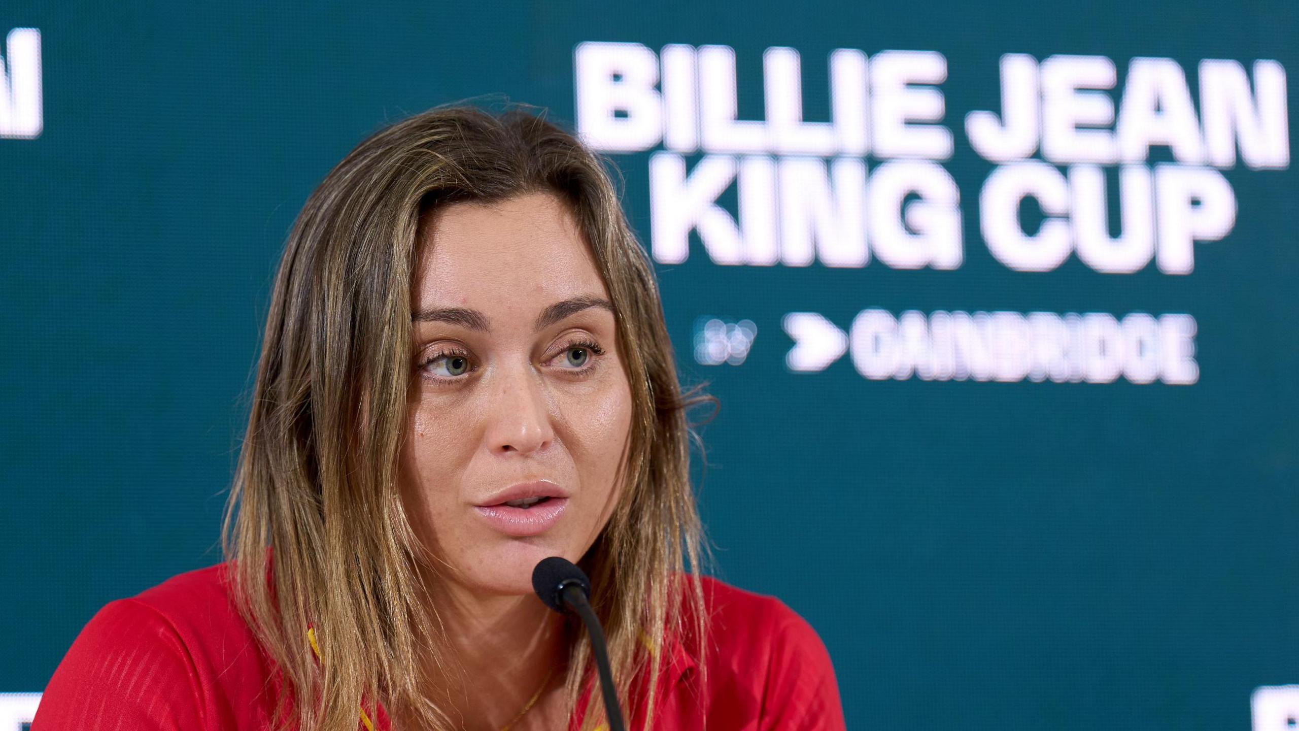 Spain's Paula Badosa talks during a media conference at the BJK Cup