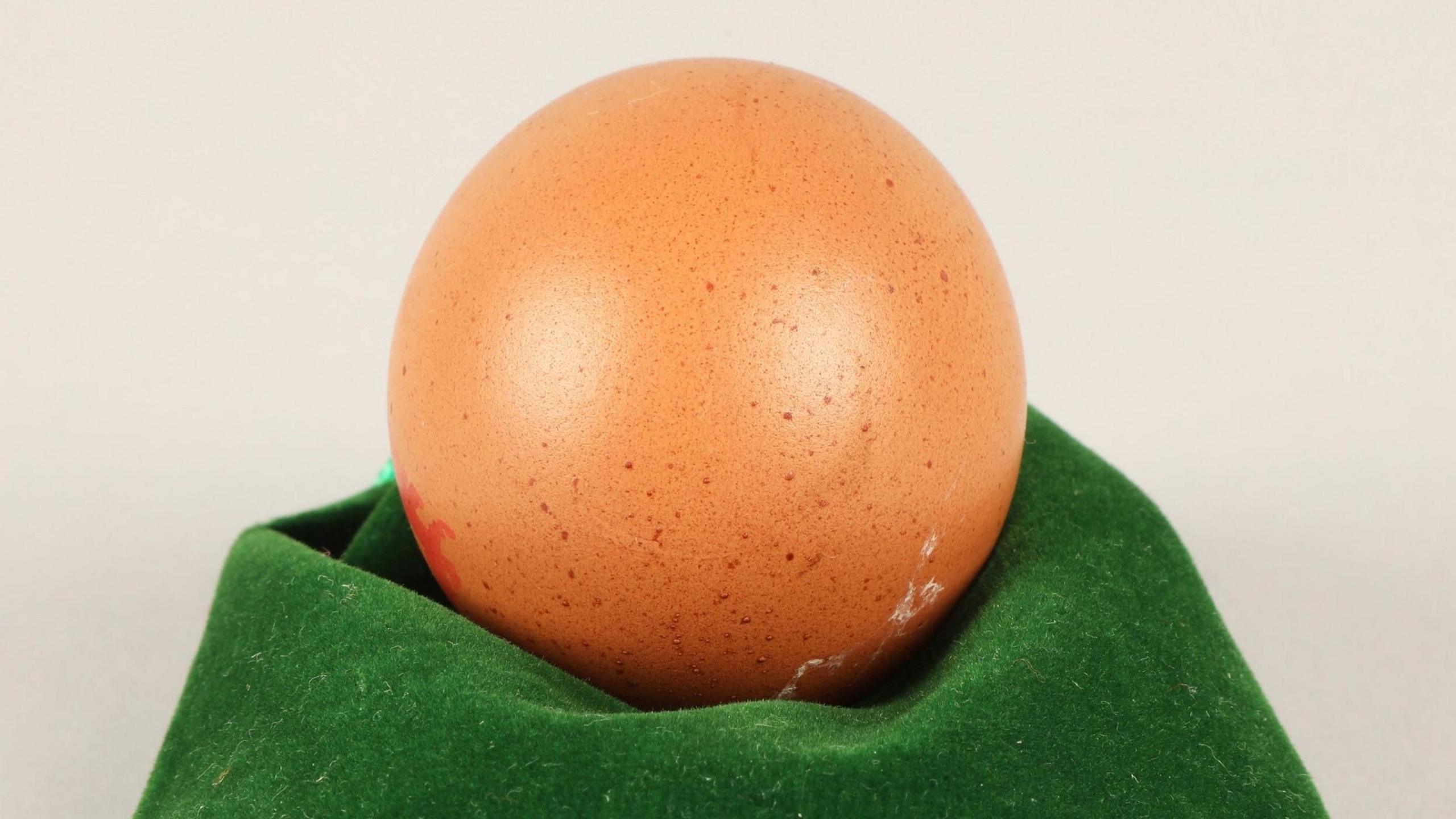 Spherical egg displayed on a green cloth.