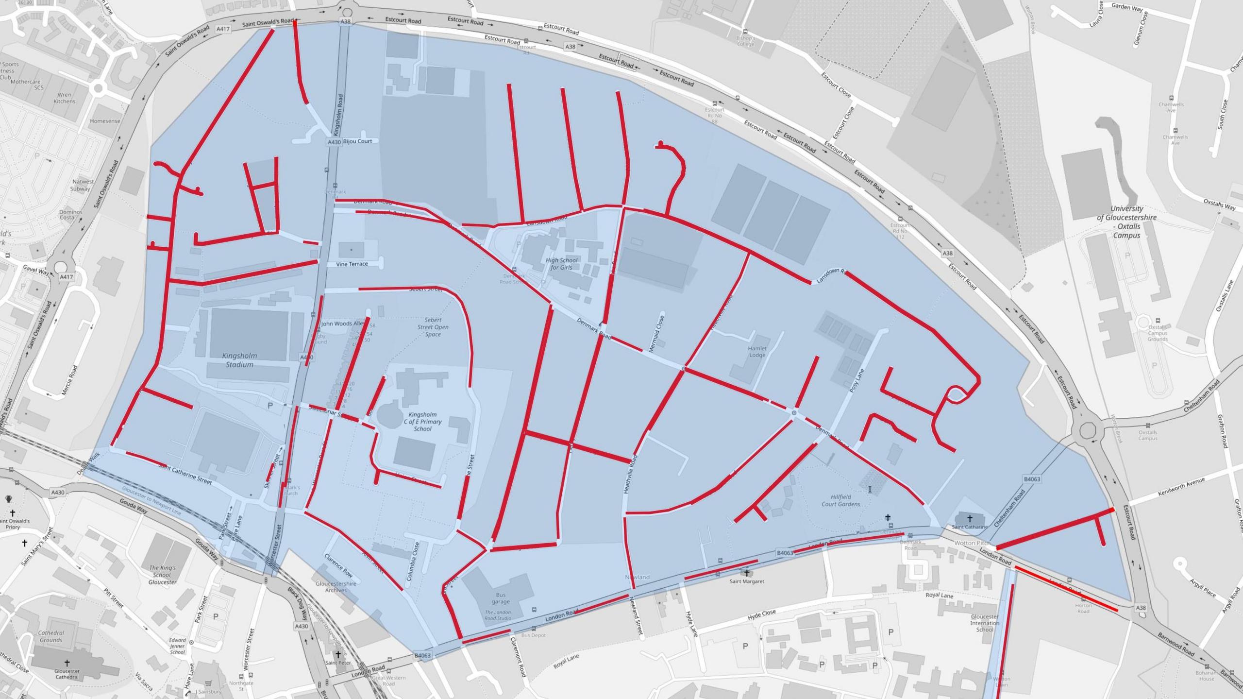 A map showing a number of roads in red, contained within a blue area. It is hard to make out the exact road names, but almost all of the roads within the area are marked in red.