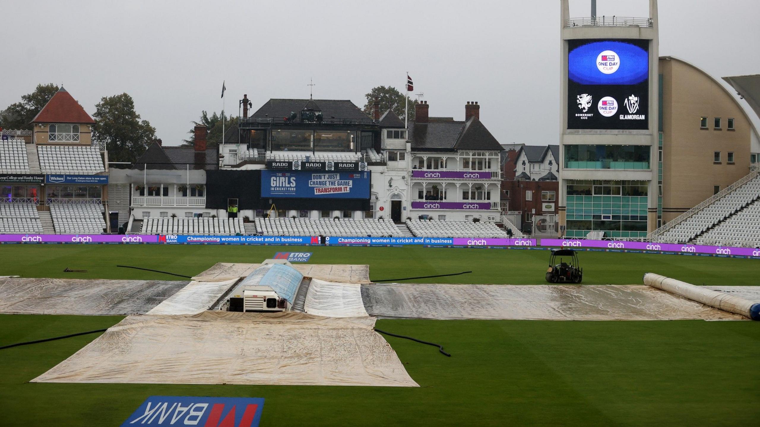 Covers on the field at Trent Bridge, Nottingham because of heavy rainfall