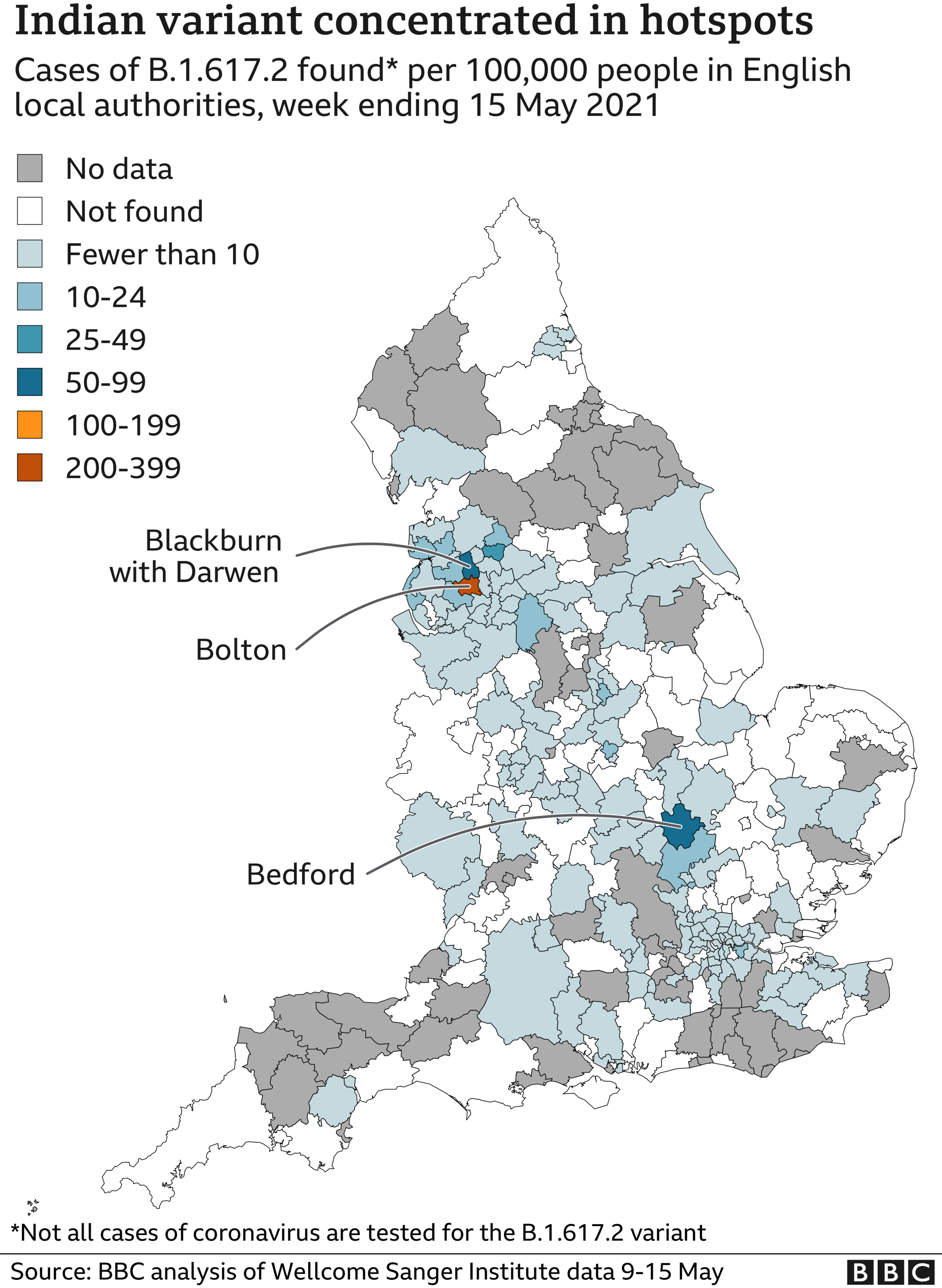 Map showing concentration of Indian variant cases in hotspots