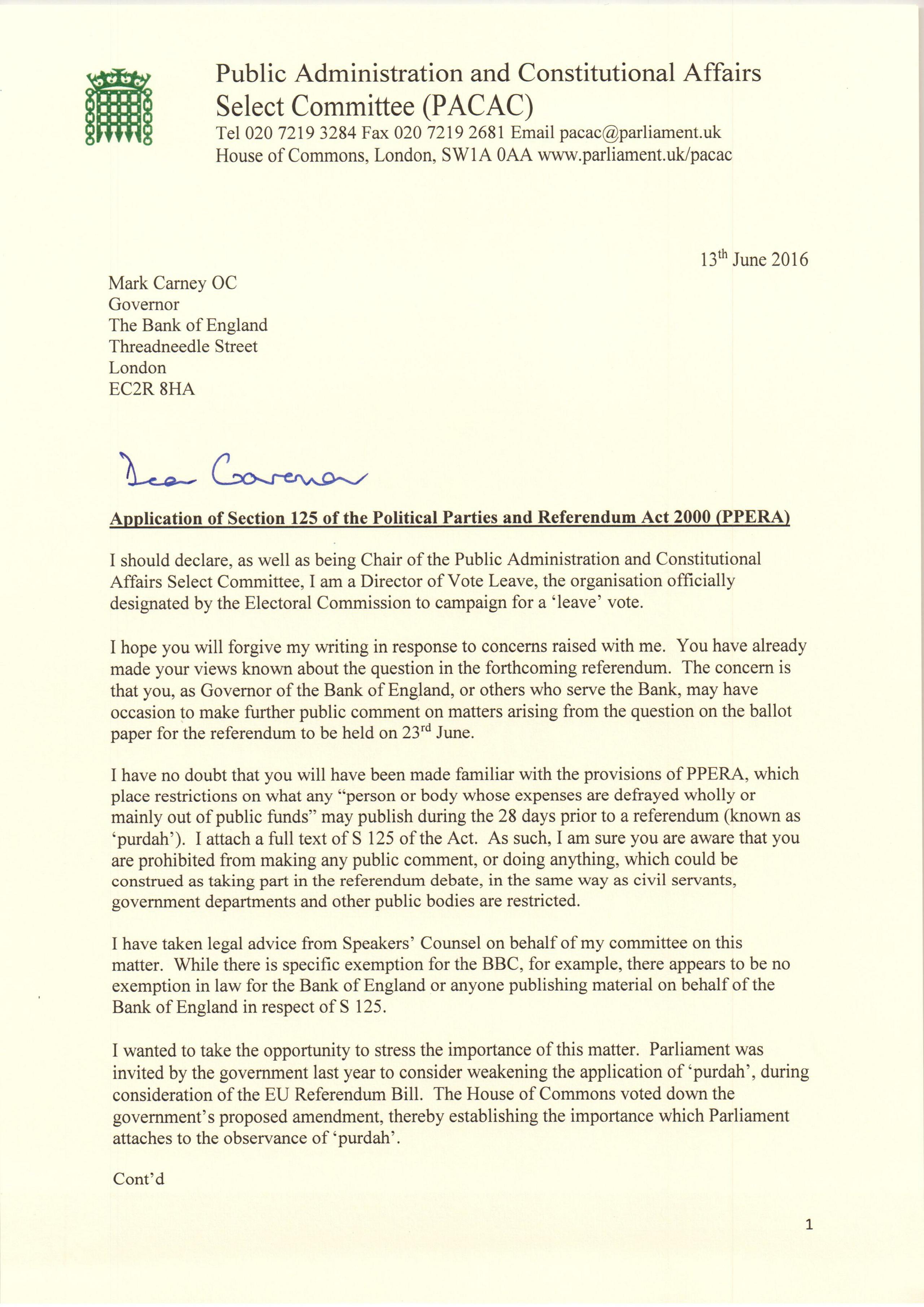 Bernard Jenkin letter to Carney