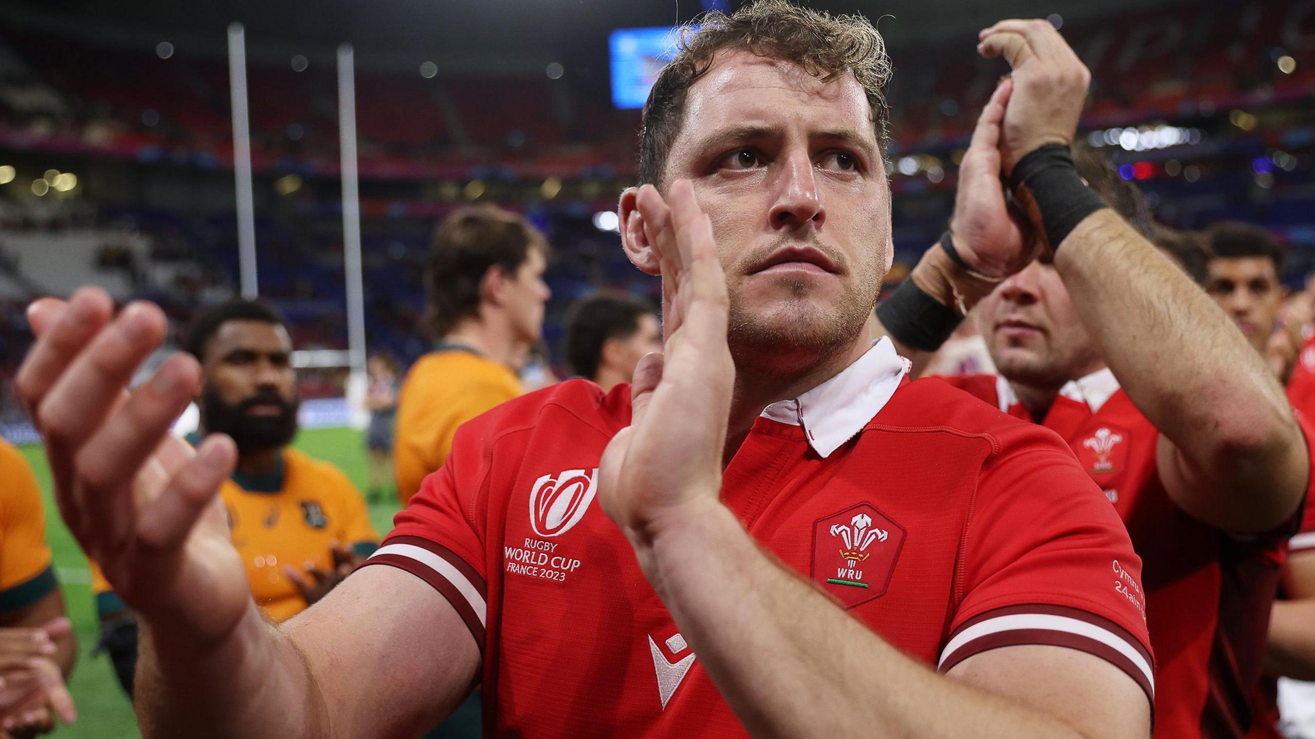 Wales hooker Ryan Elias applauds supporters after the World Cup victory against Australia in September 2023