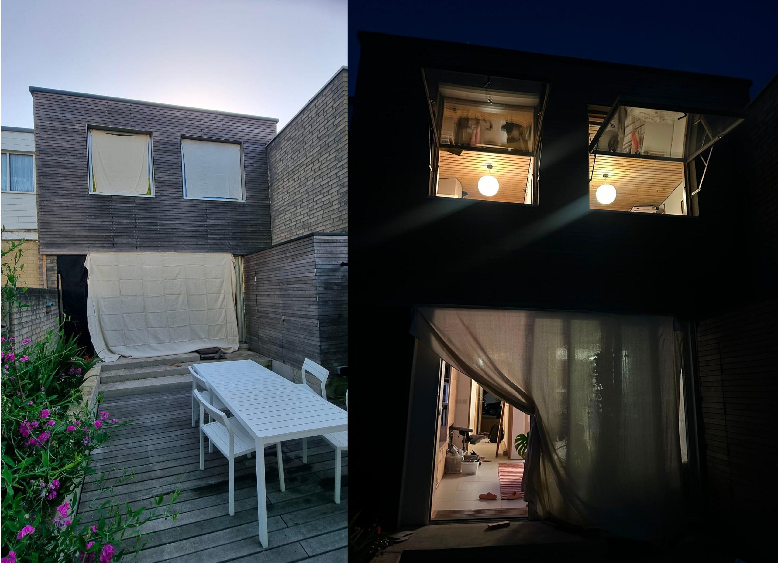 A composite image showing two pictures of the back of a house during the night (right) and during the day (left). The house has wooden panels across the top and two windows, on the ground floor of the house is a large glass patio door. In the day picture it is covered by a sheet, in the night picture this is pulled back and the door and windows are open. In the day picture part of the garden with a white table and chairs, and pink flowered foliage can be seen 