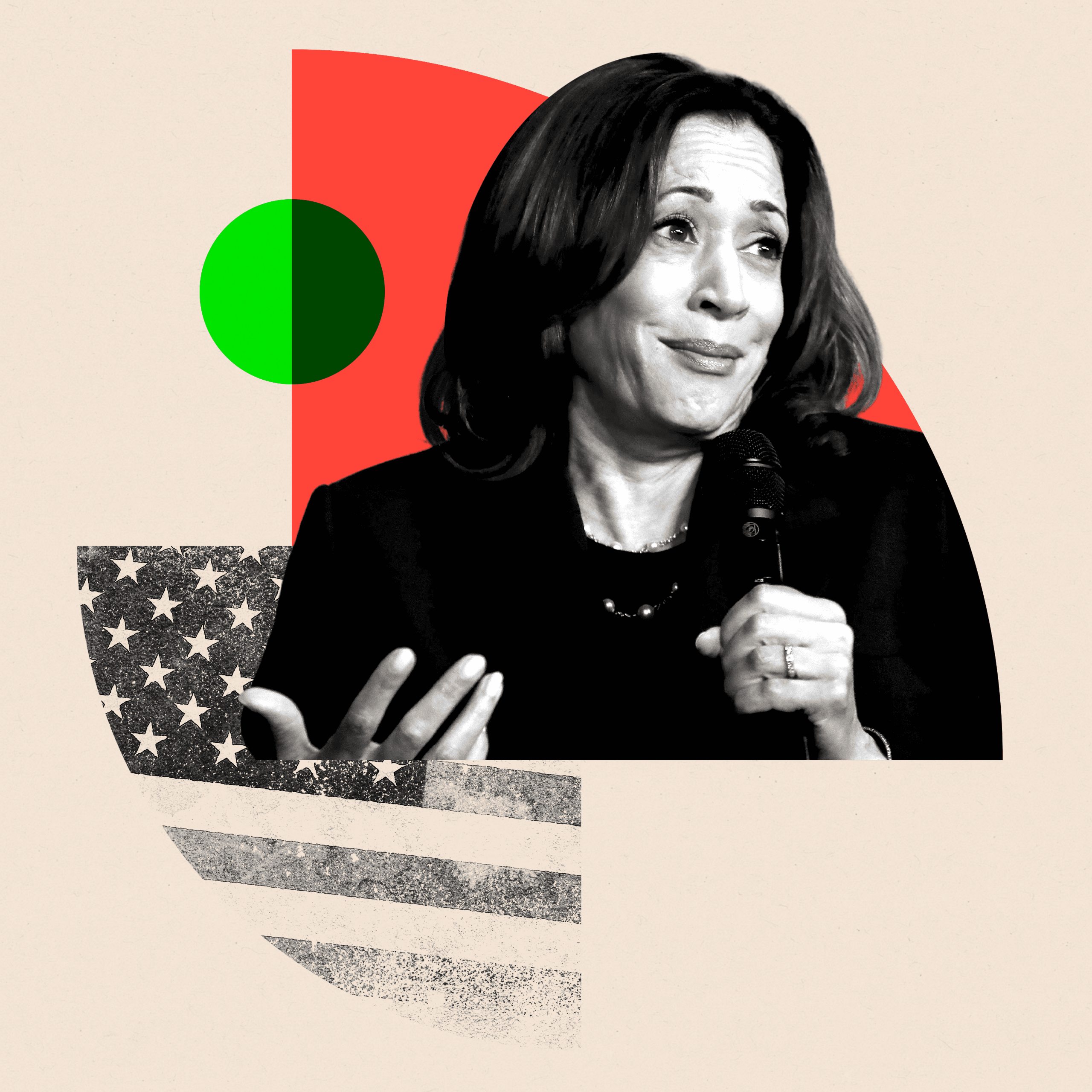 A treated image showing Kamala Harris shrugging and the stars and stripes flag