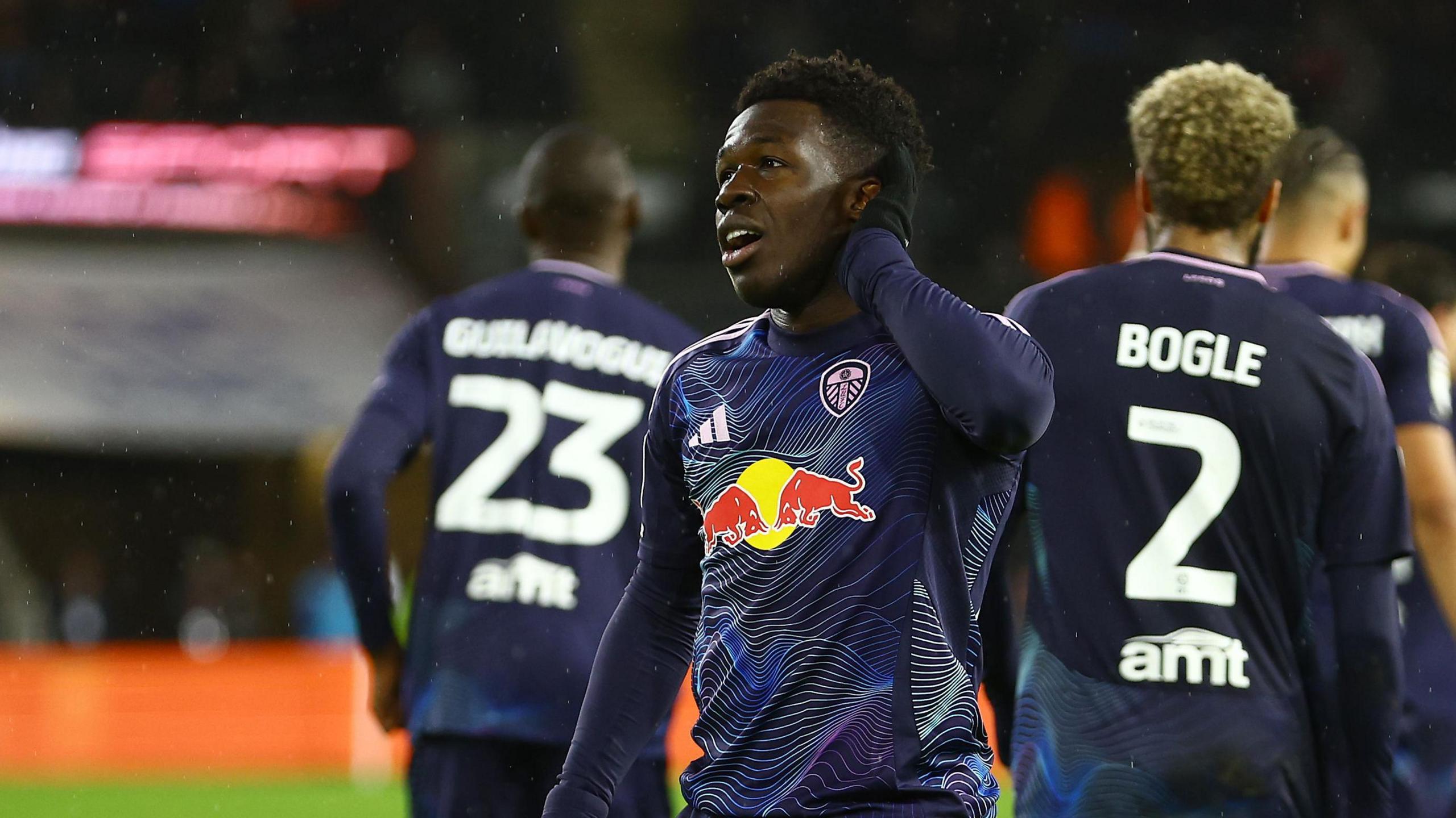 Wilfried Gnonto acknowledges the Leeds fans after his late winner 