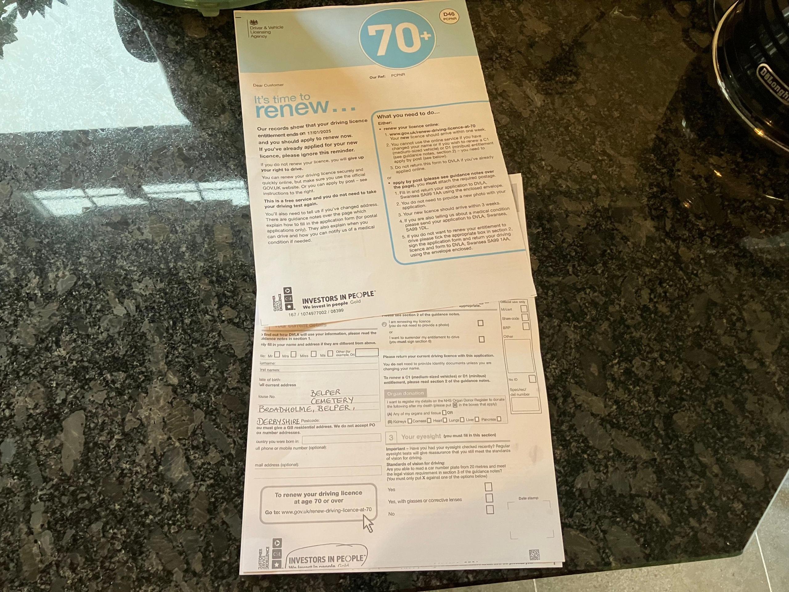 A letter from the DVLA saying it is time to renew your licence. On the second page, the address has been filled out as "Belper Cemetery, Broadholme, Belper, Derbyshire"