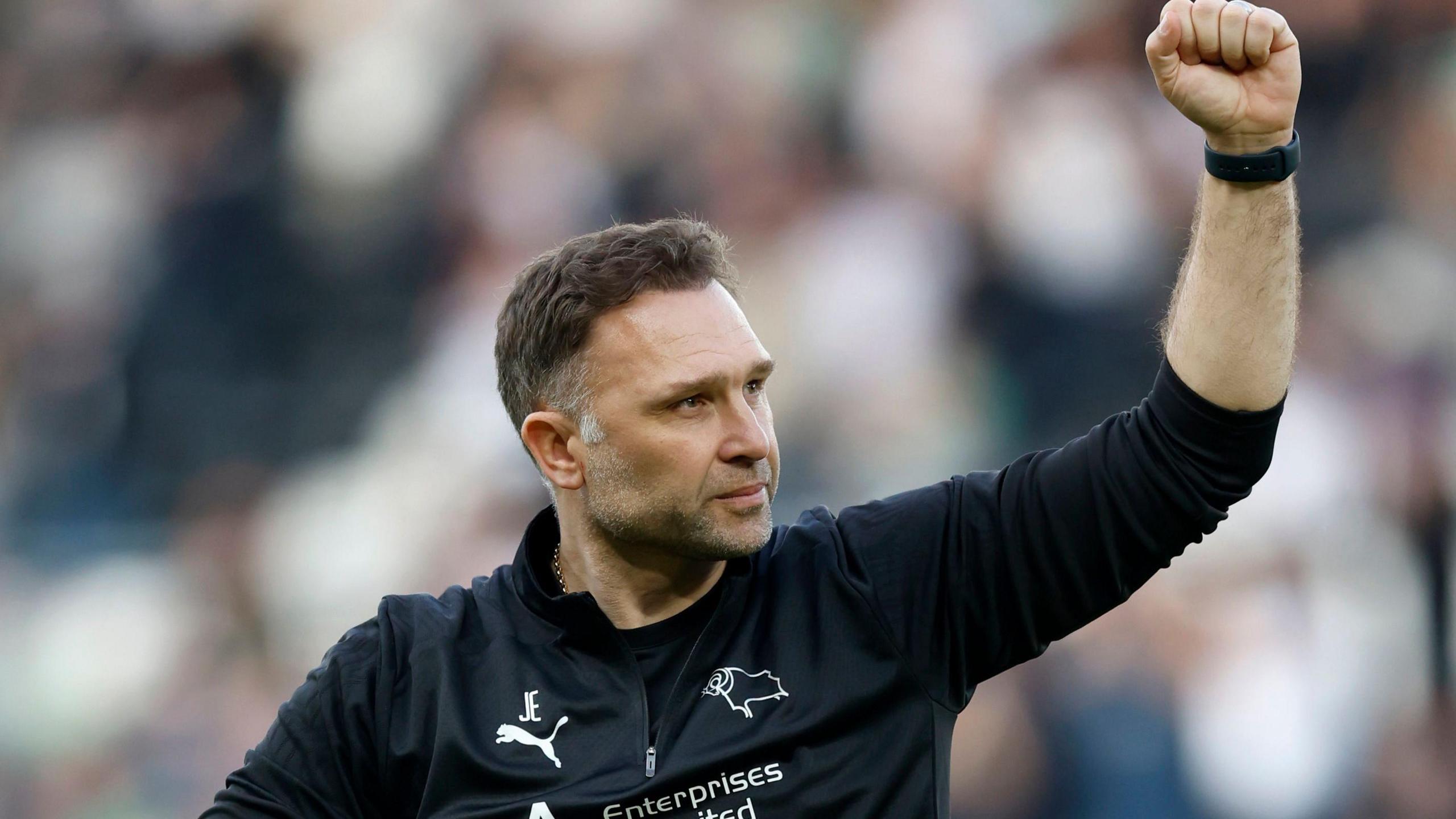 Derby boss John Eustace celebrates the 2-1 win over his former club Blackburn 