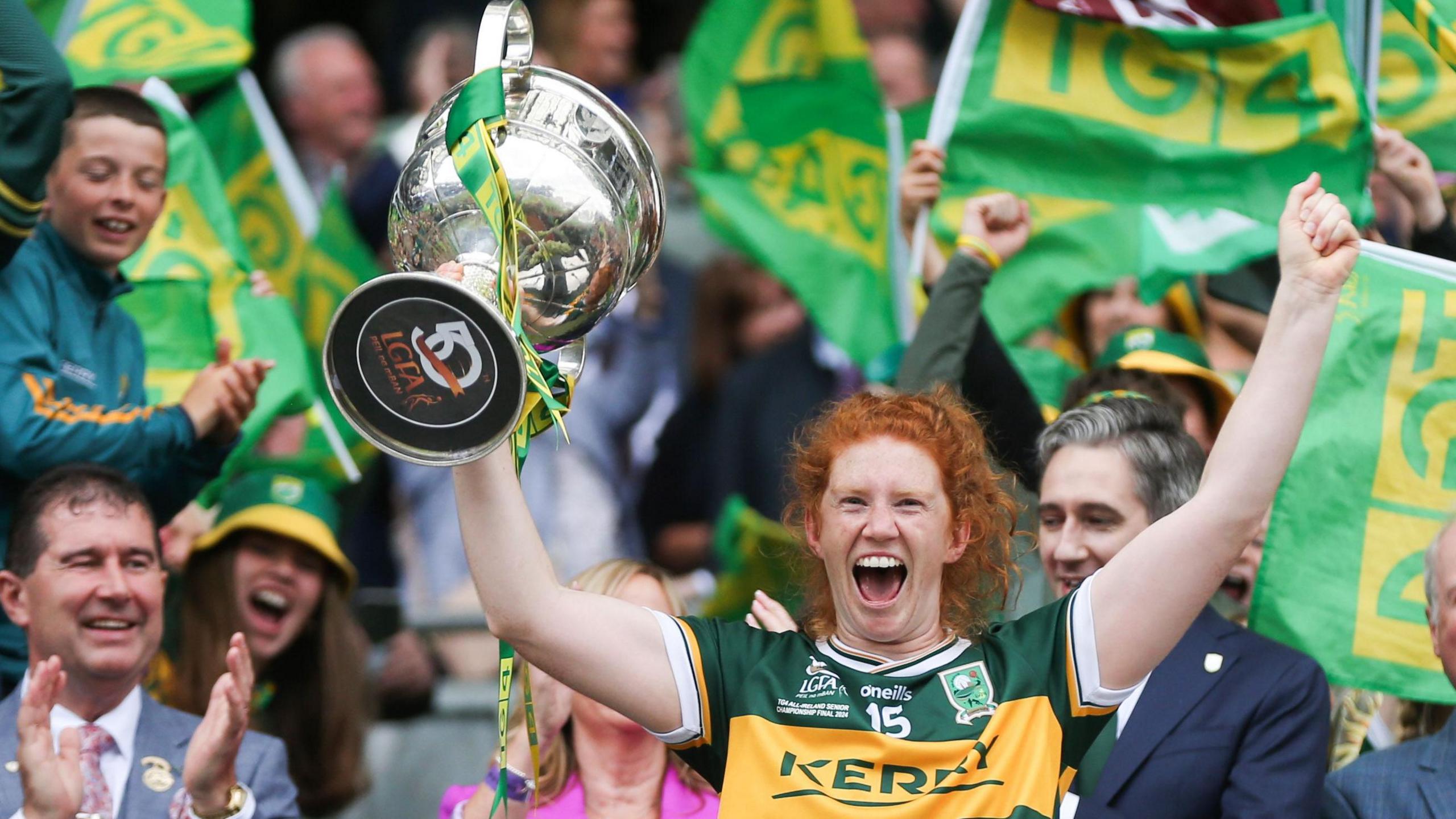 Louise Ni Mhuircheartaigh lifts the Brendan Martin Cup at Croke Park in August