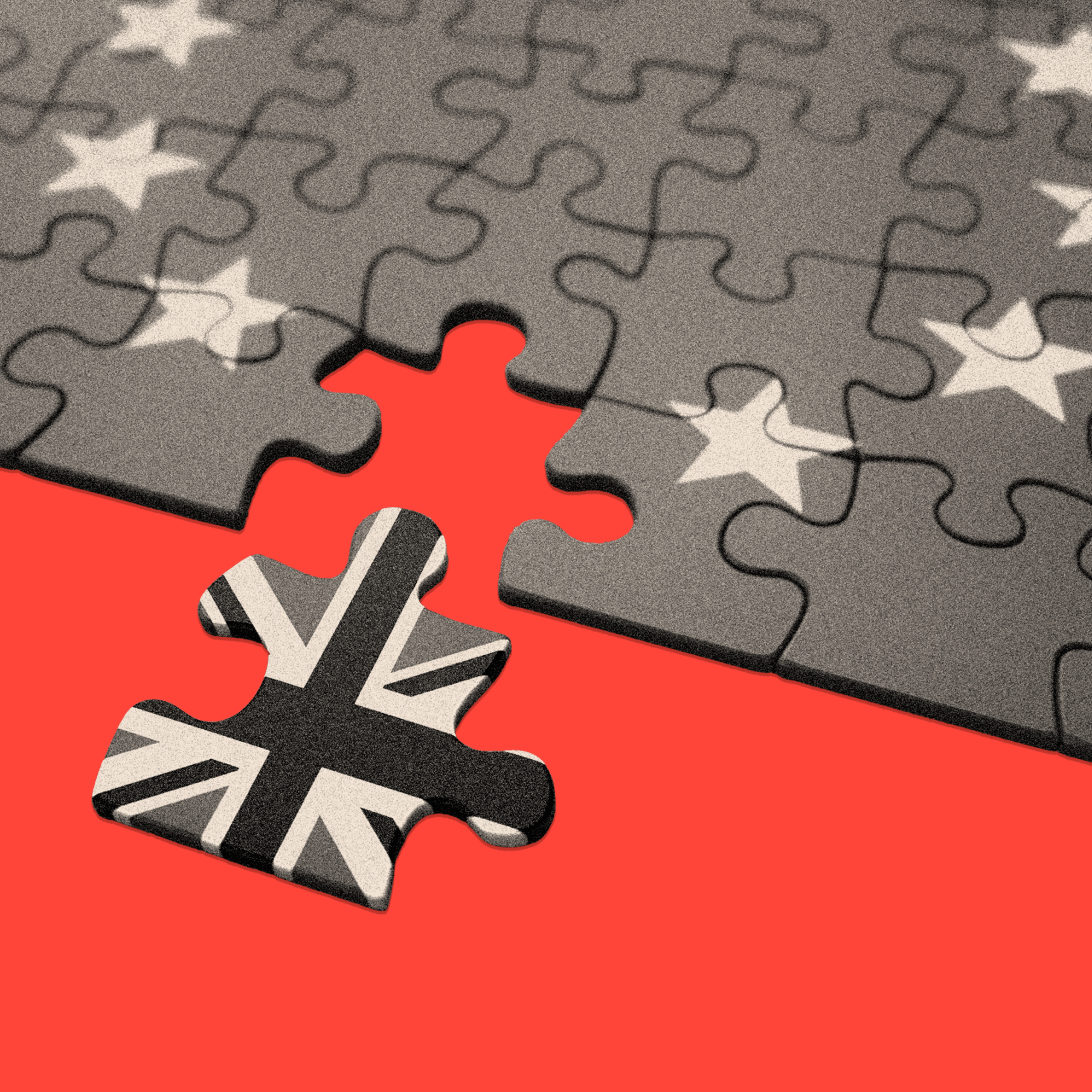 A treated image of jigsaw puzzle where one piece with the UK flag is separated from the puzzle, and the rest of the pieces show the EU flag