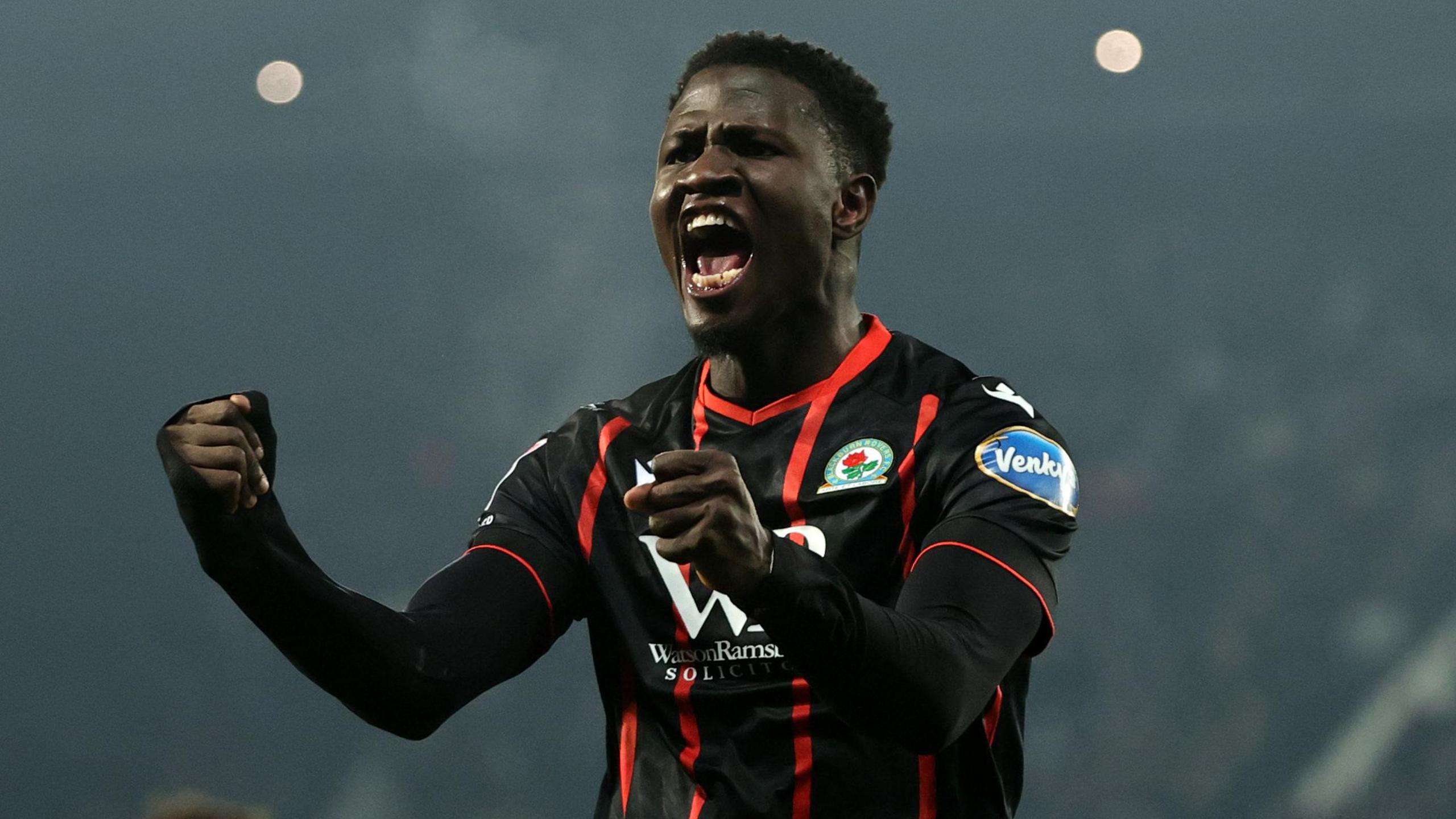 Blackburn striker Makhtar Gueye celebrates scoring at The Hawthorns