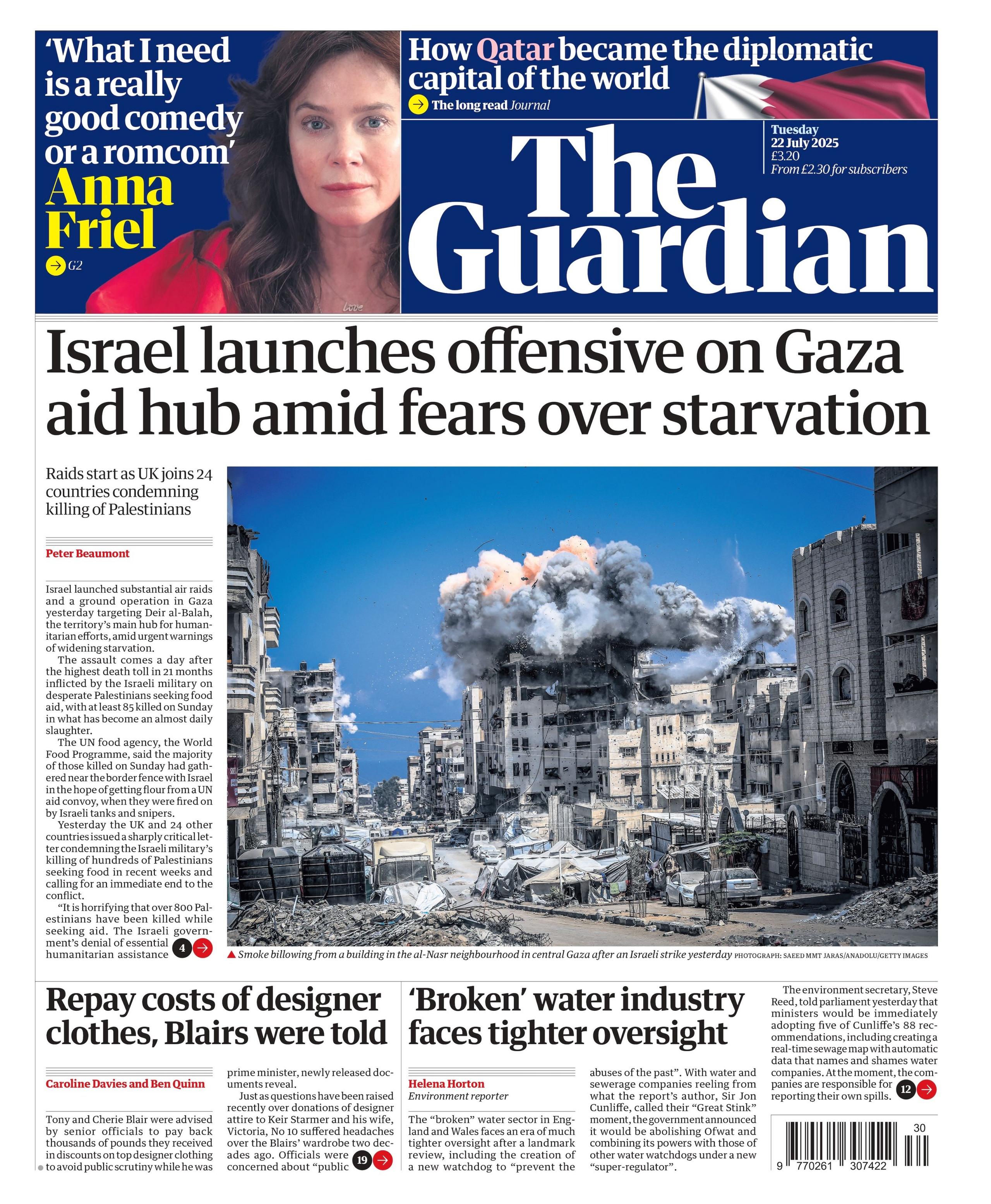 The headline on the front page of The Guardian reads: "Israel launches offensive on Gaza aid hub amid fears over starvation".