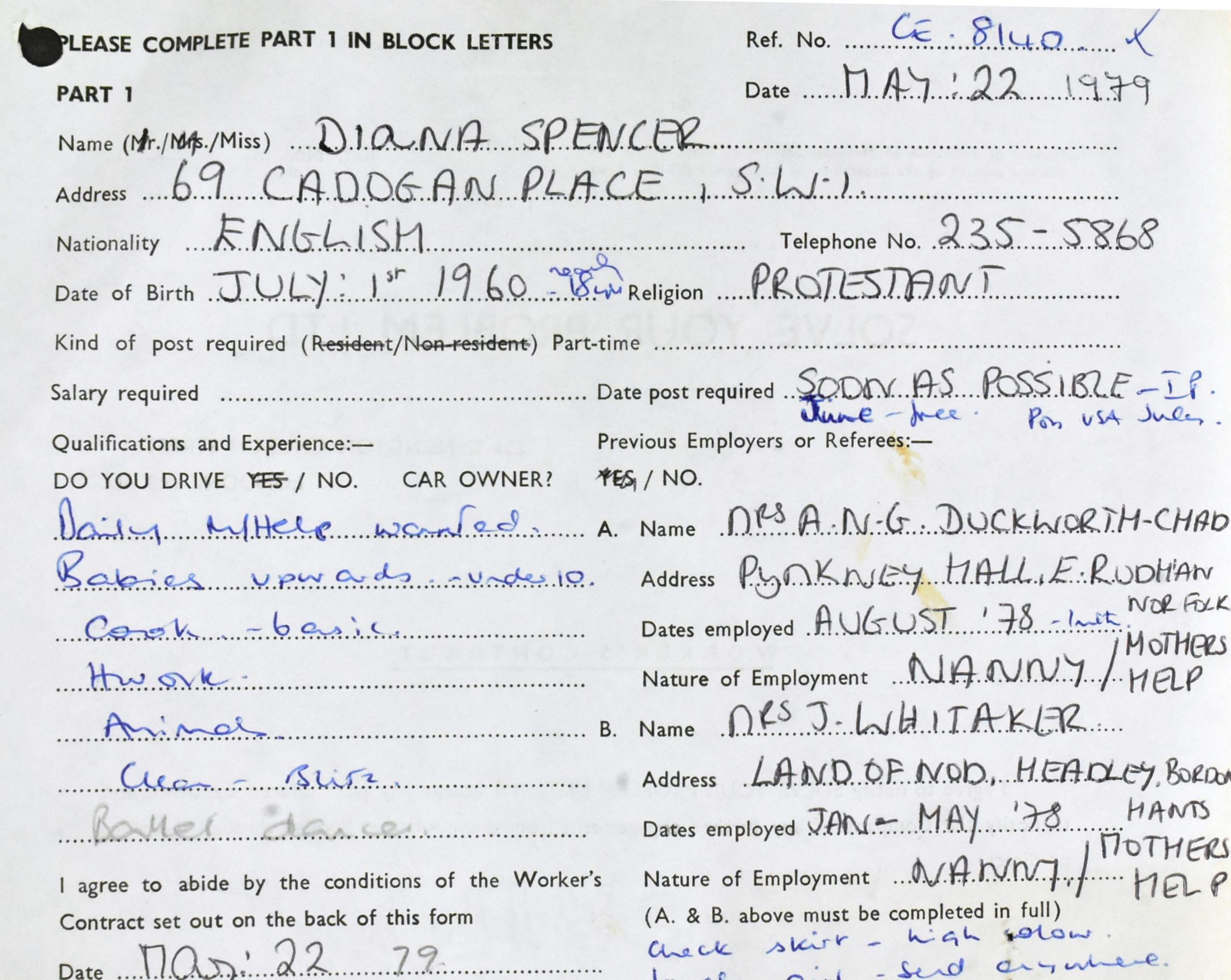 Princess Diana's work contract