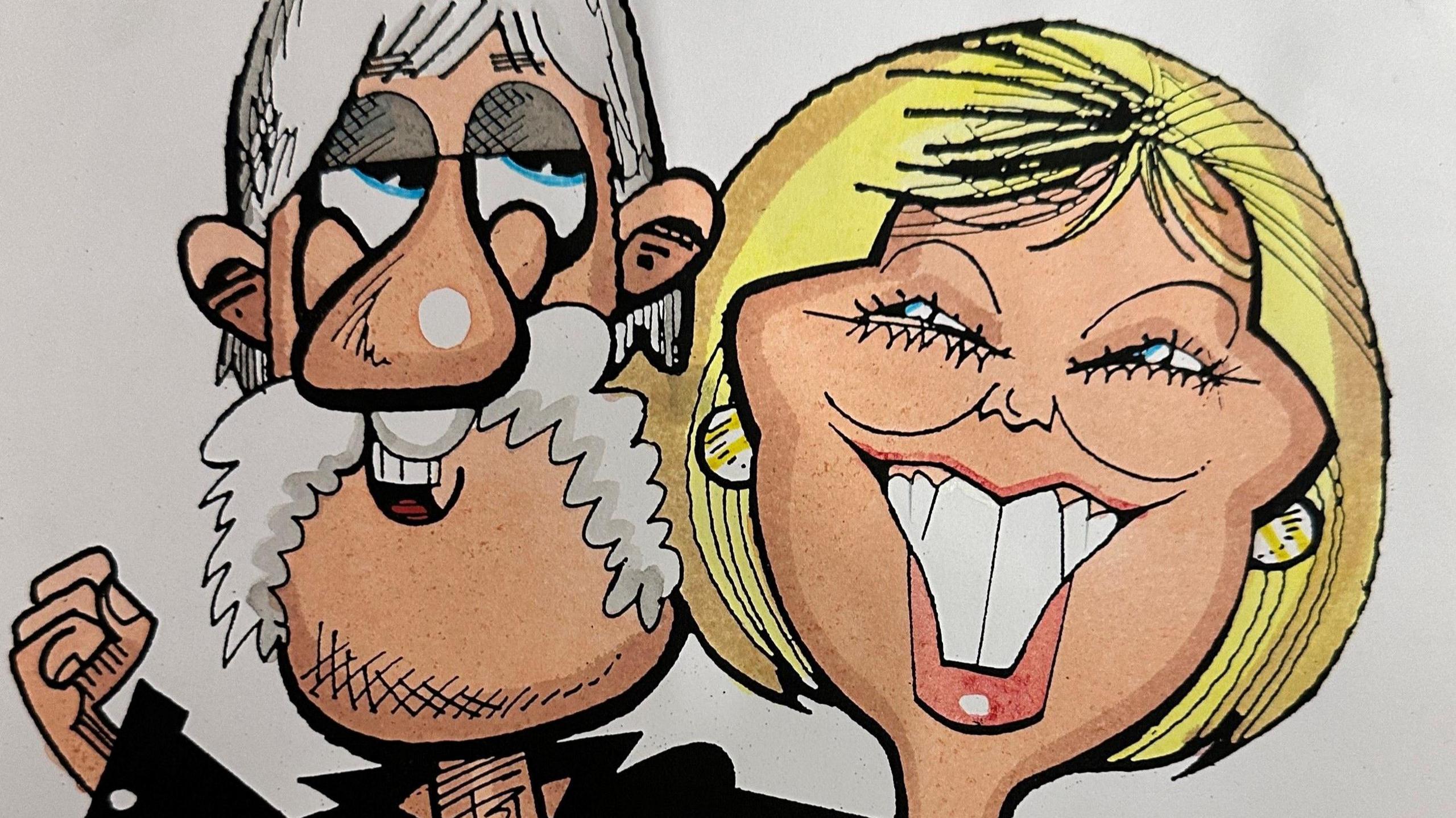 A big and colourful cartoon of Malky McCormick and his wife smiling. He is wearing a black top and the close up means we cannot see what she is wearing. He has grey hair and a large grey moustache and she has blonde hair and is wearing earrings.