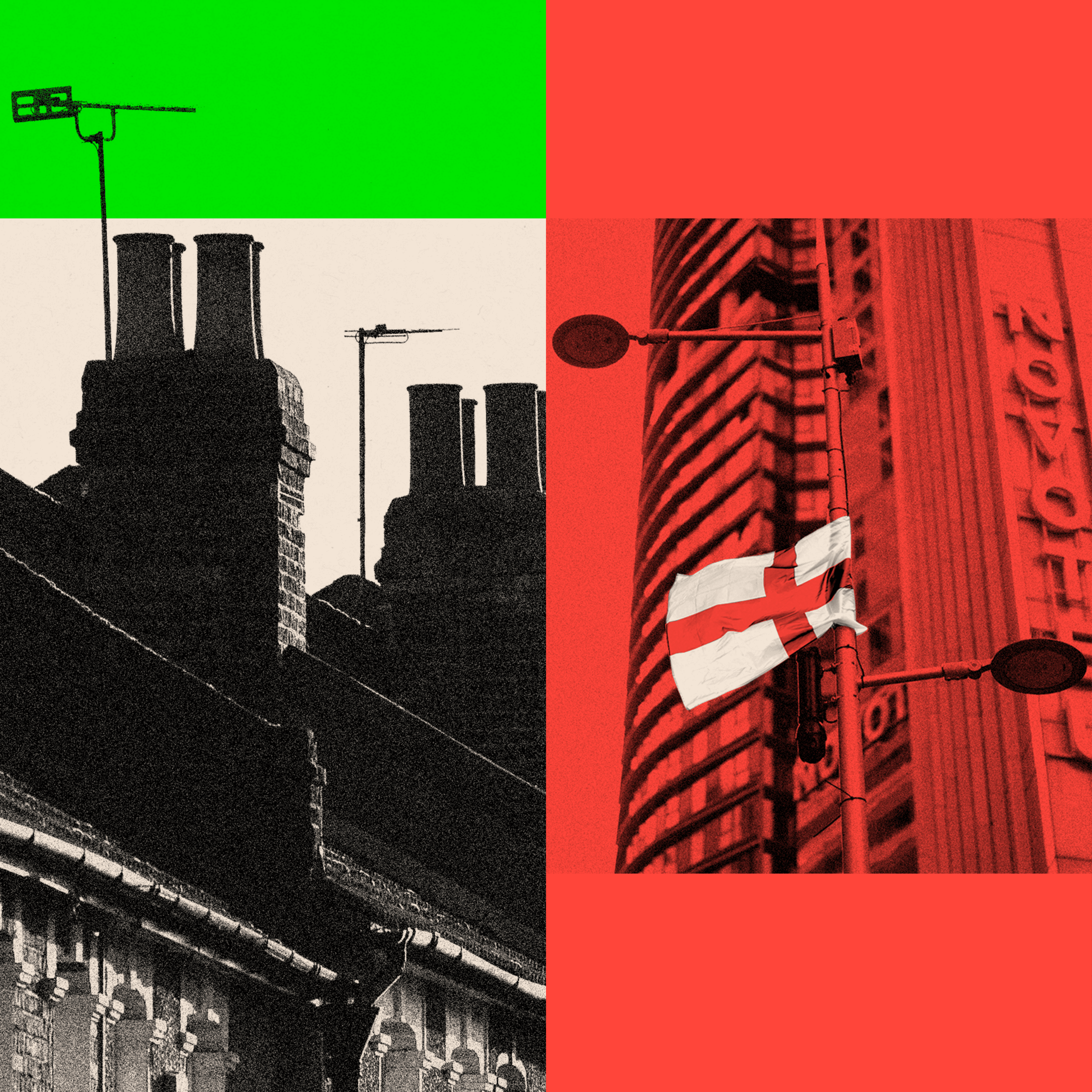 A treated dual image showing a St George's flag and a general view of chimneys on a row of terraced residential houses