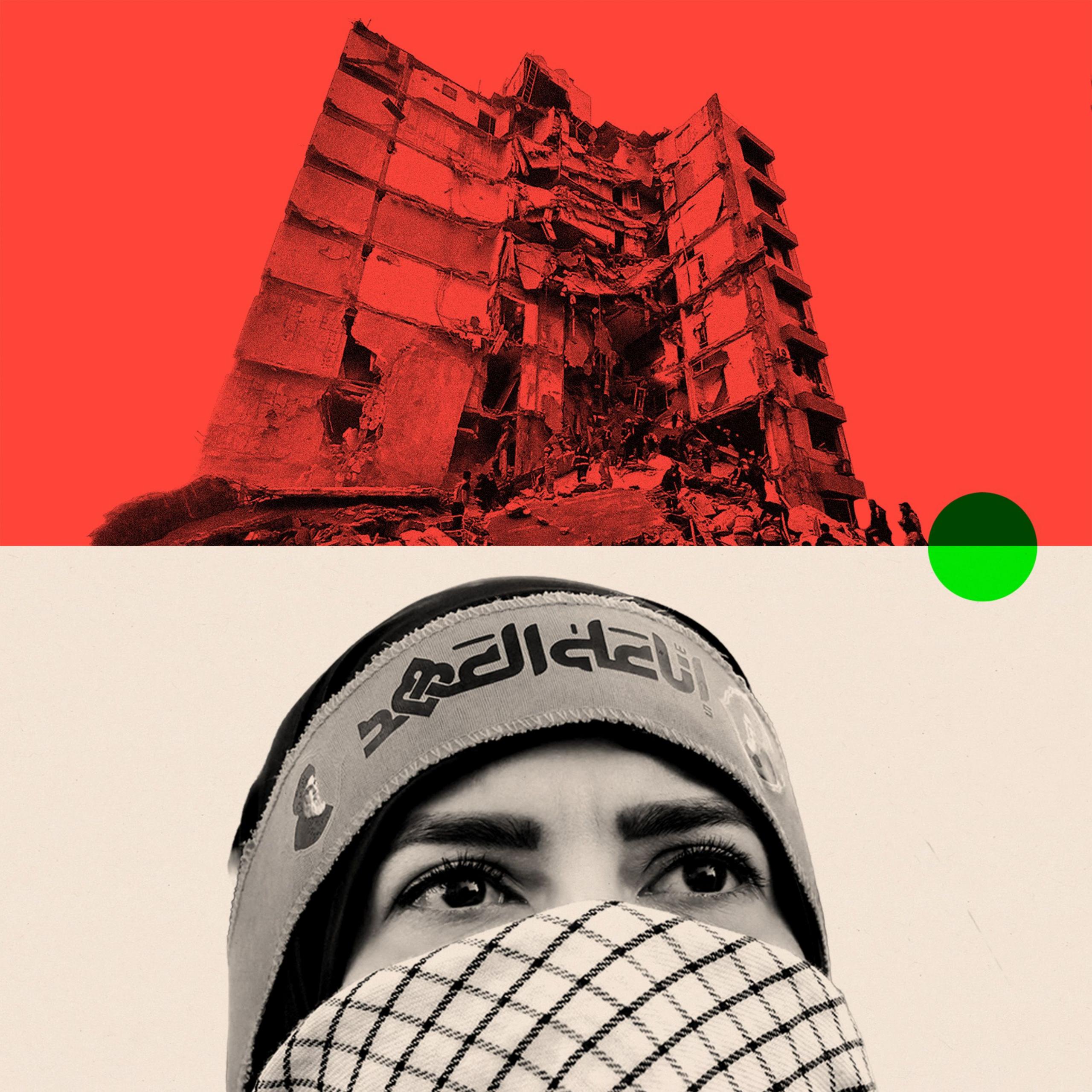 A woman wearing a Hezbollah headband underneath a blown-out building