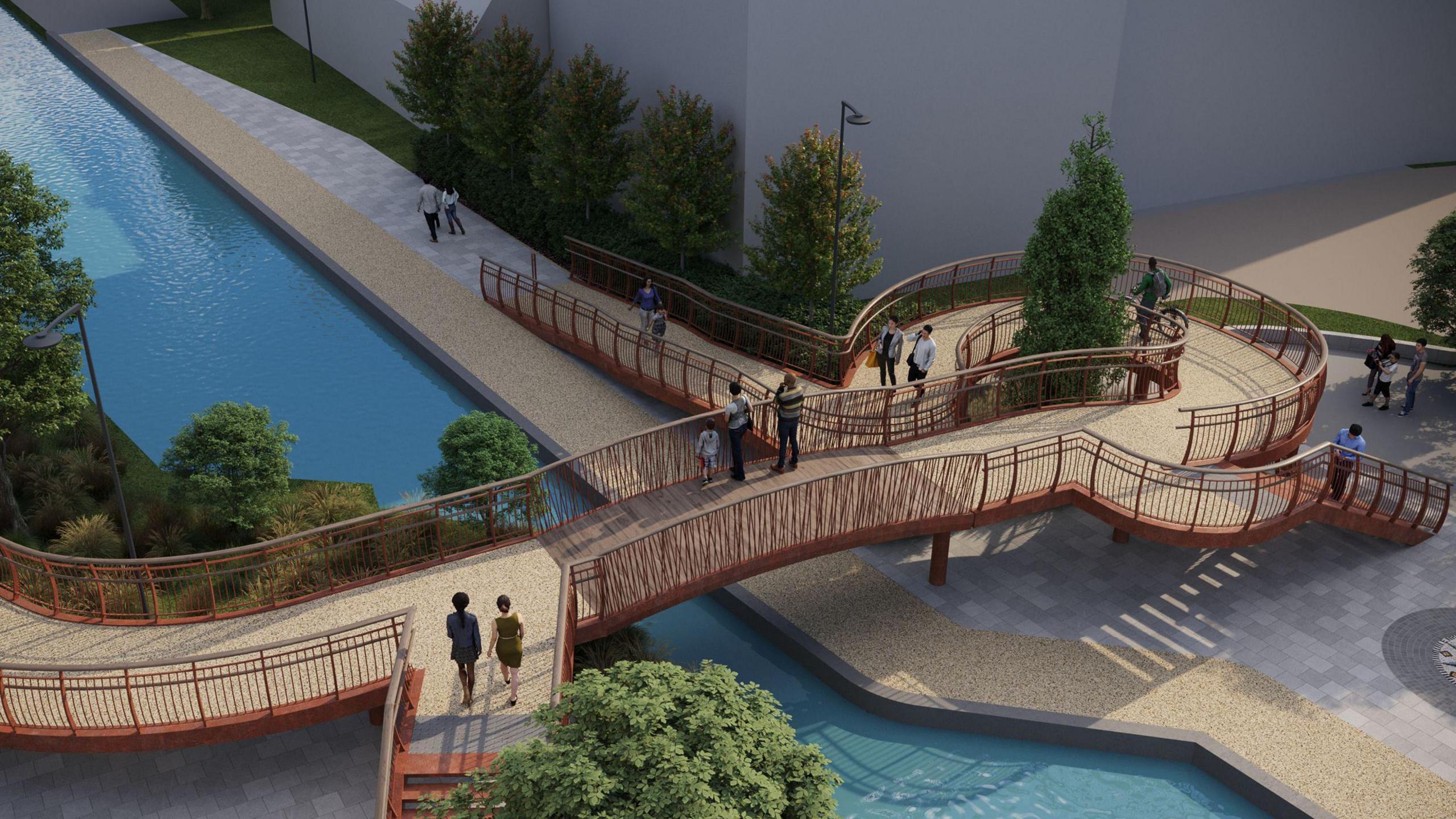 An artist impression of the new bridge as viewed from the perspective of somebody hovering over the canal.