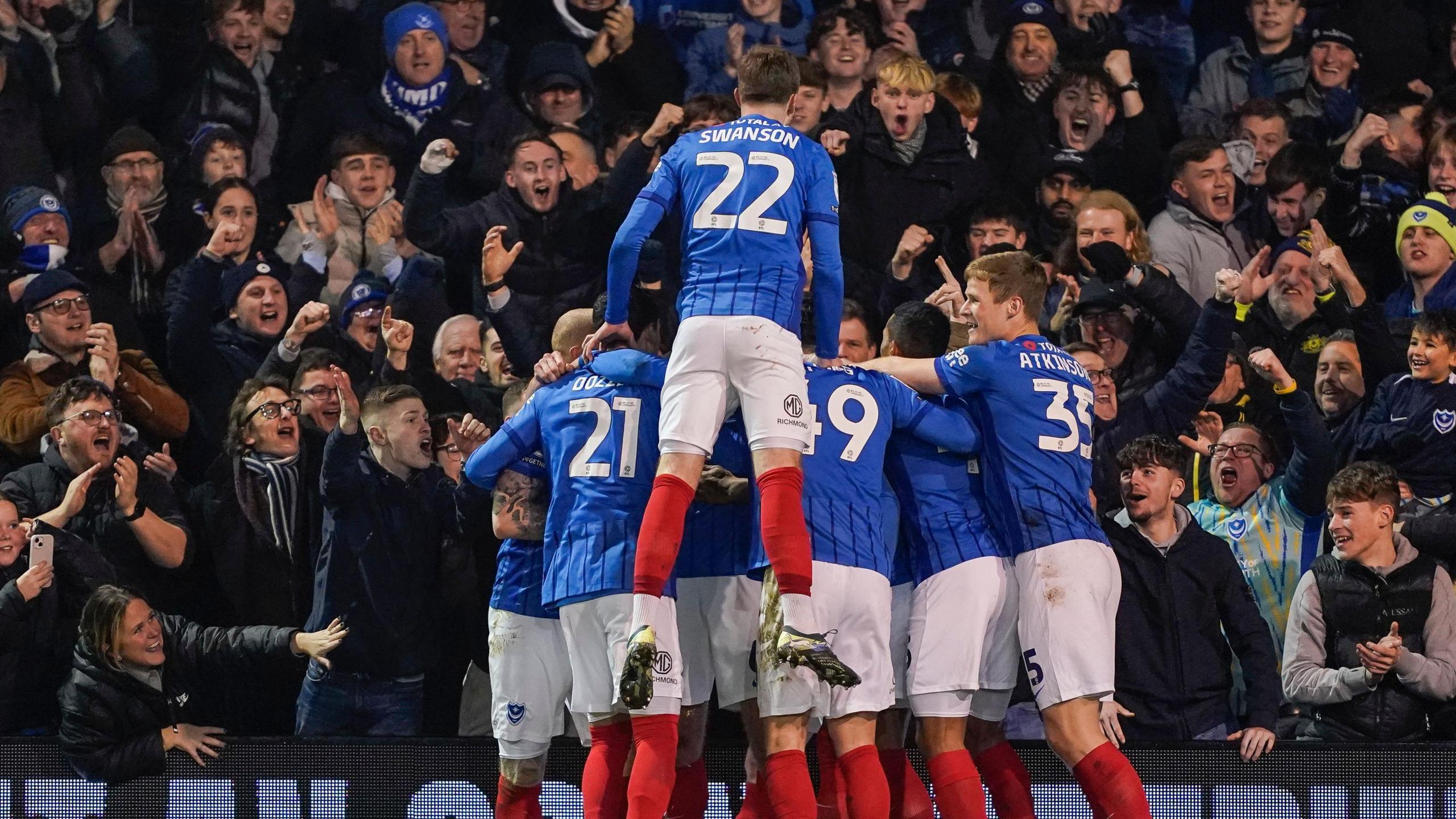 Portsmouth celebrate defender Conor Shaughnessy's goal