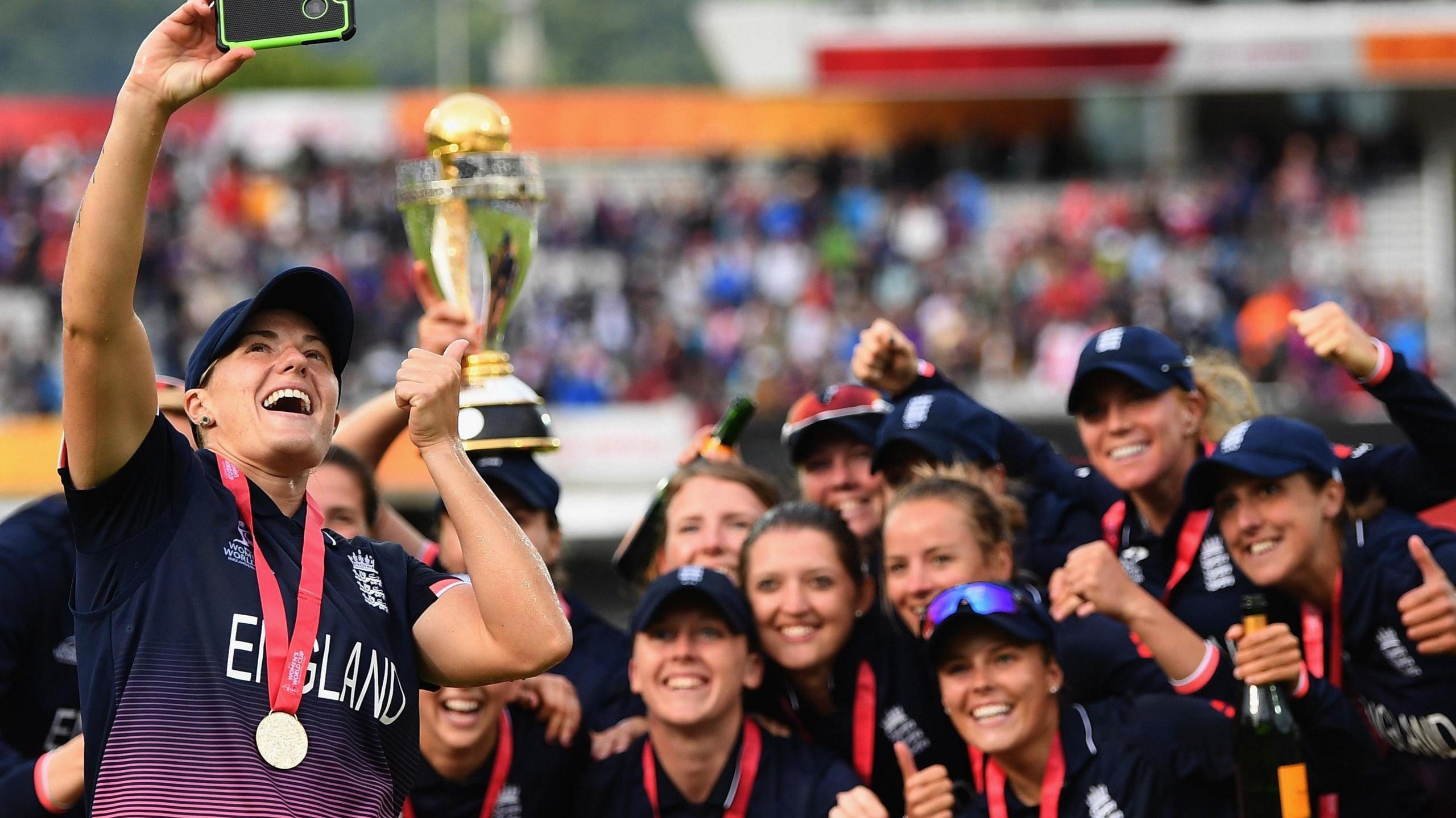 England celebrate their 2017 World Cup win with a team selfie