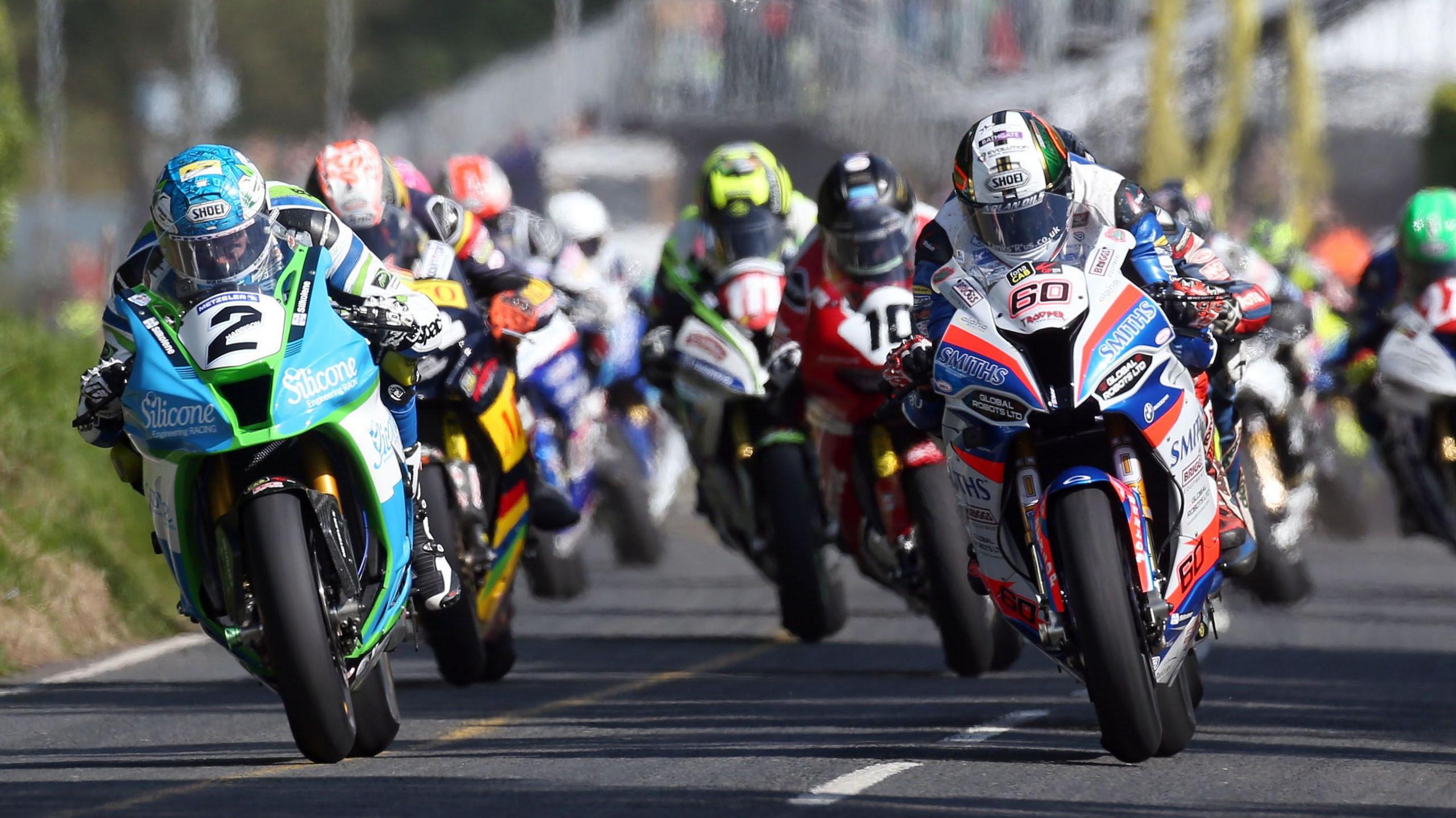Dean Harrison and Peter Hickman at the start of the Ulster Grand Prix