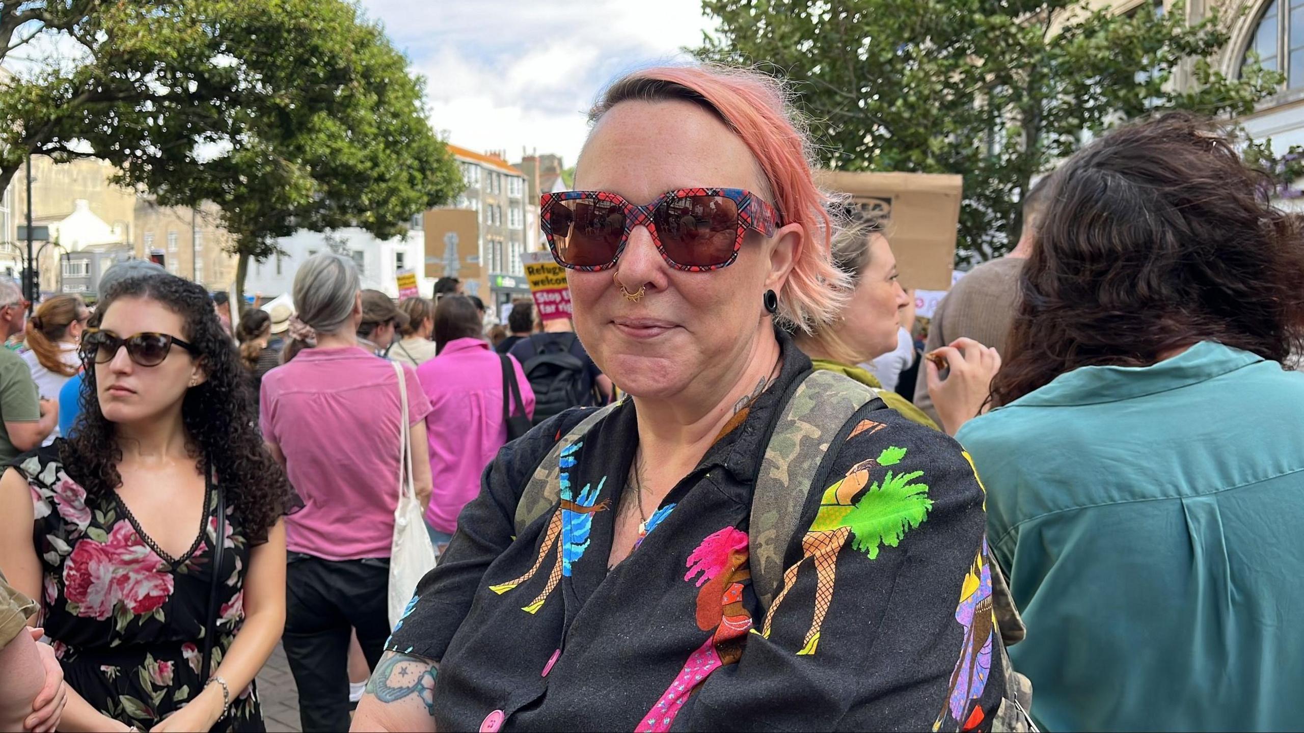 Jennifer at the protest in Hastings on Saturday