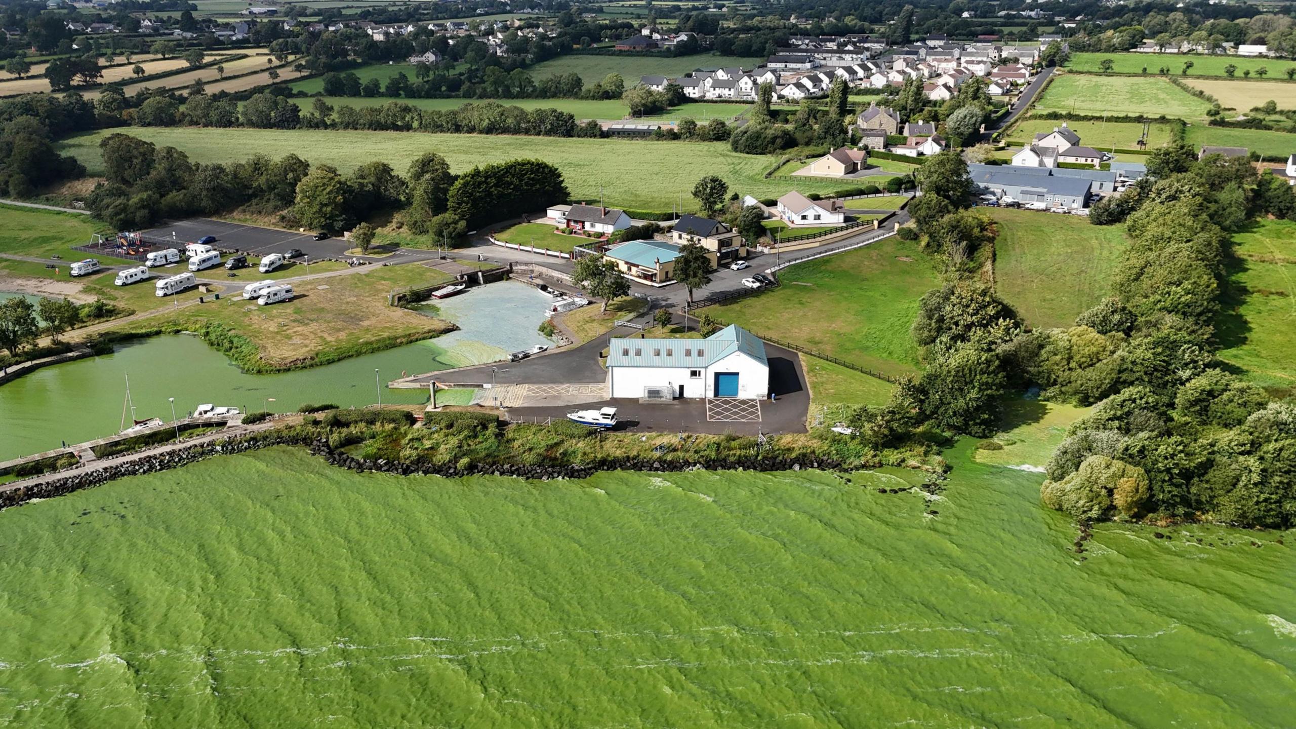 Taken from the sky we see green water lapping against the shoreline.
It is difficult to see where the green water ends and the green fields begin.