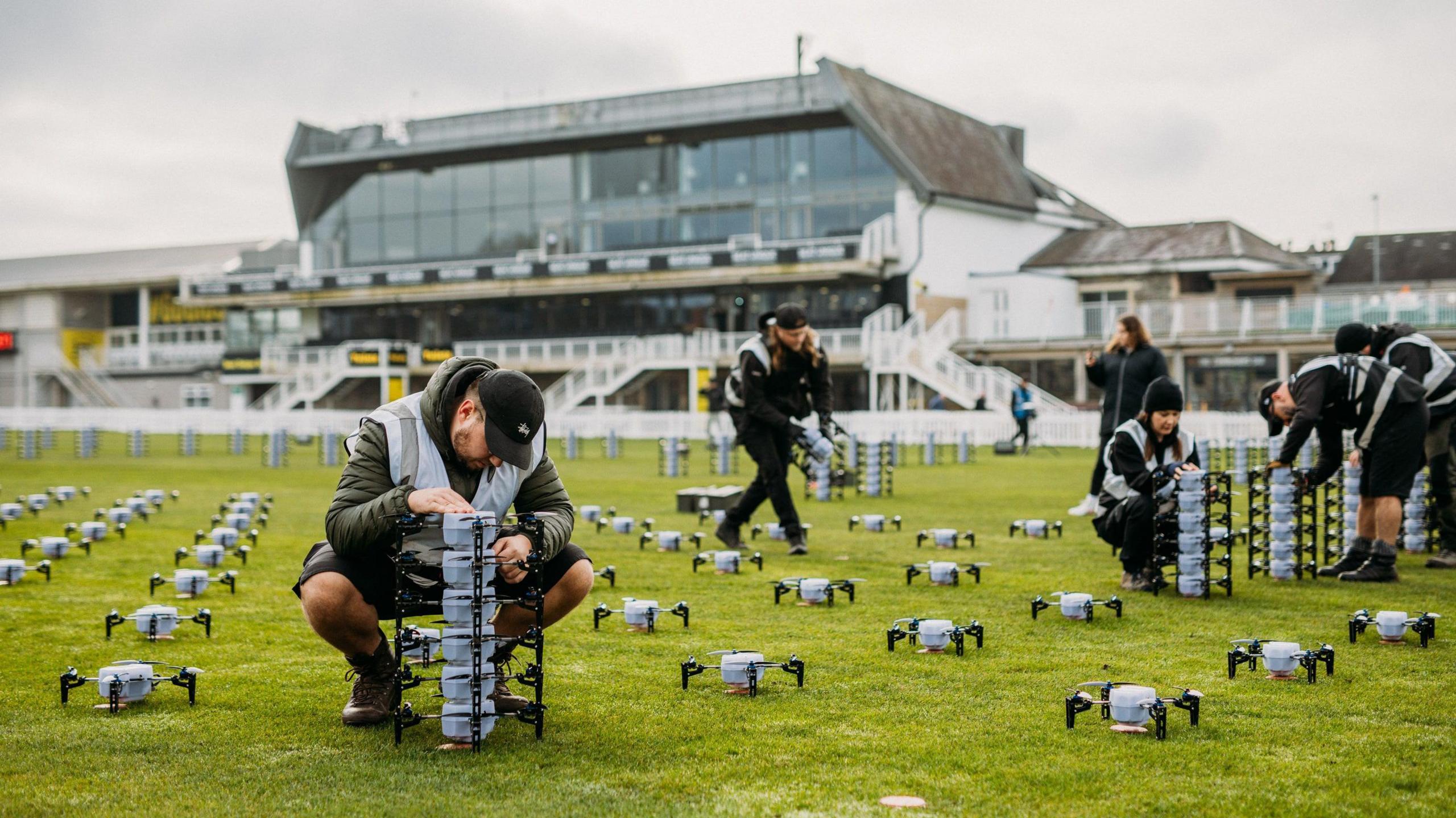 The drones being set up on the racecourse