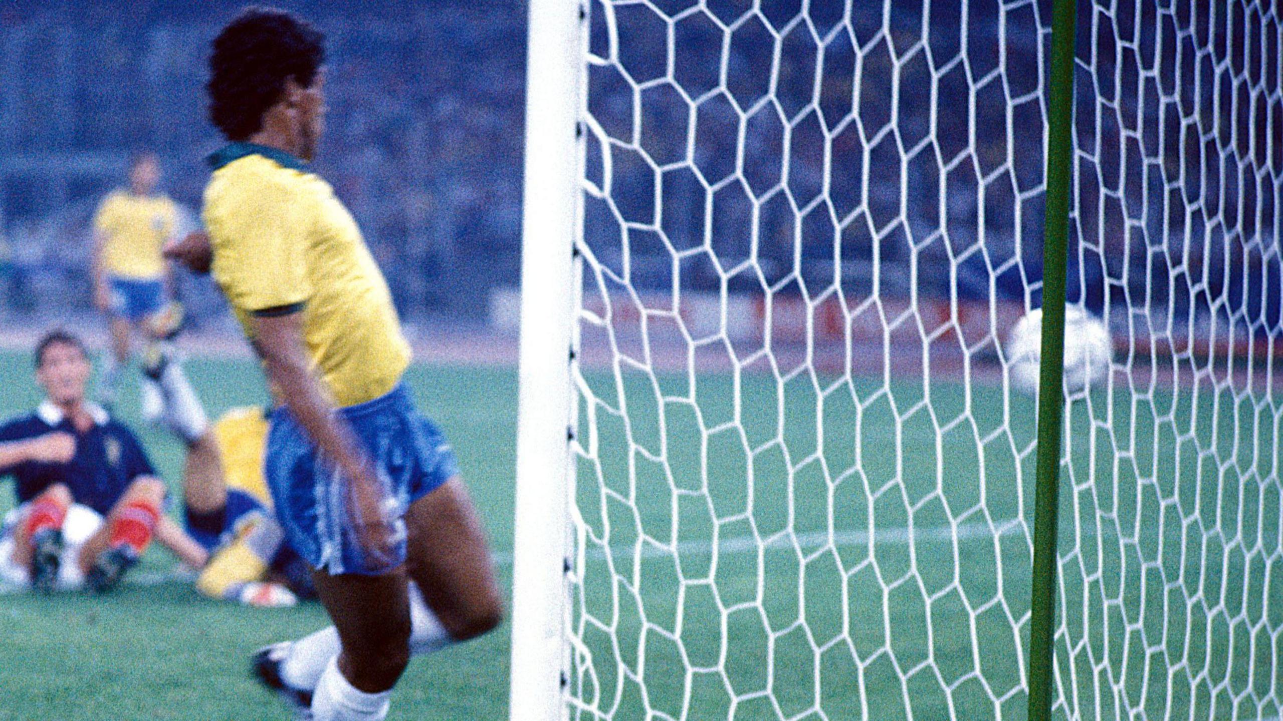 Muller scores for Brazil against Scotland at the 1990 World Cup