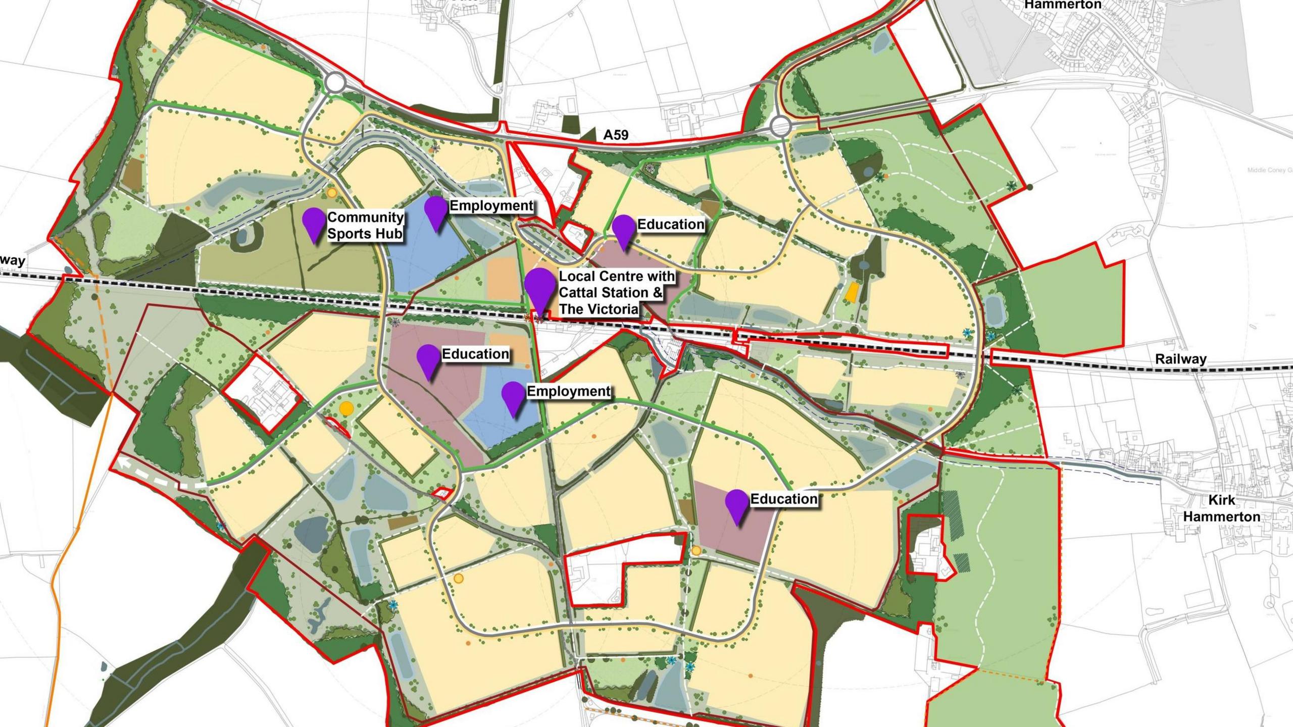 A planning map of Maltkiln, a new village between Harrogate and York, which is marked in different colours showing areas for housing and areas for other facilities.