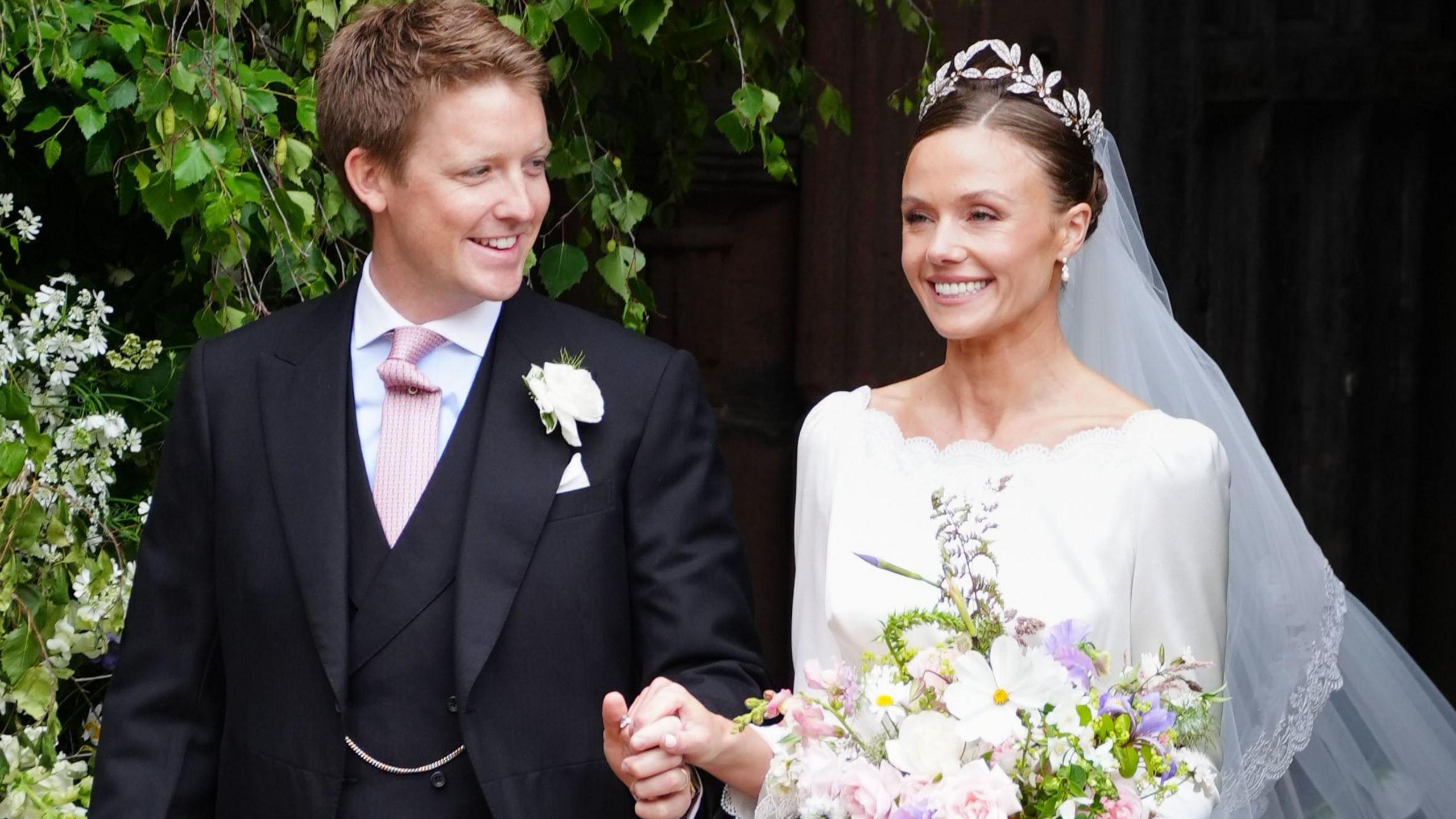 Olivia Henson and Hugh Grosvenor, the Duke of Westminster leave Chester Cathedral after their wedding