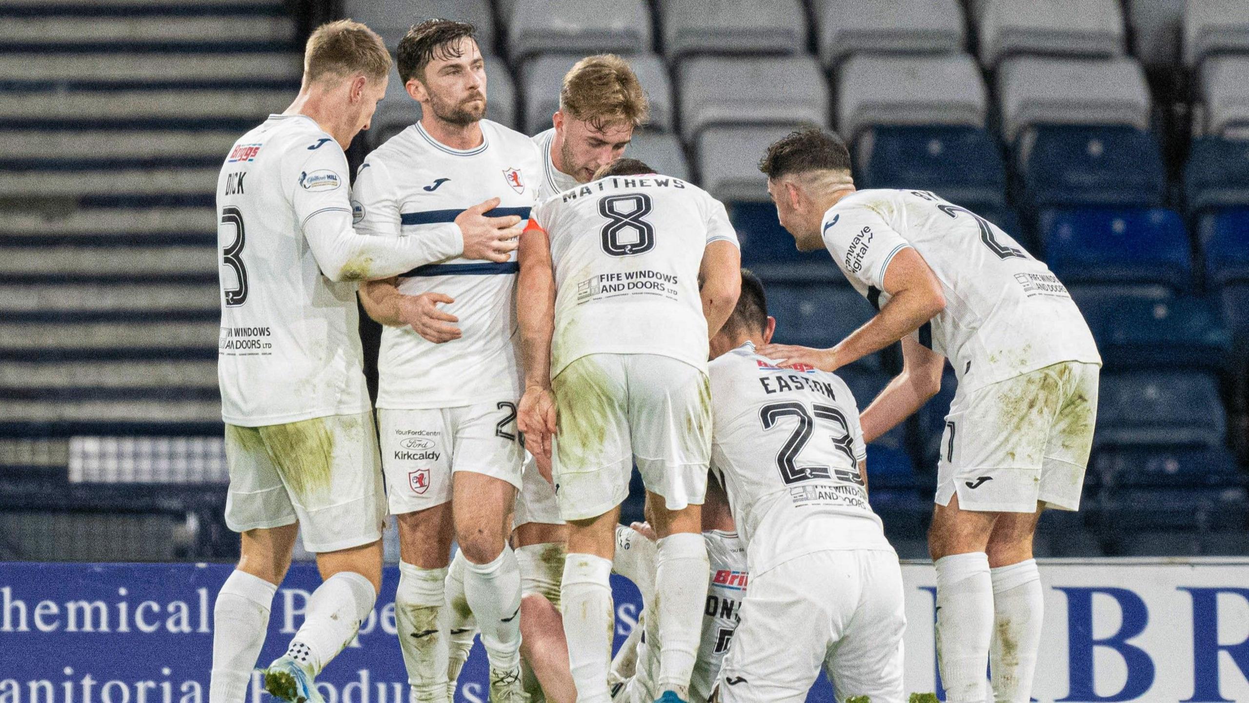 Raith players celebrate after Aidan Connolly (blocked) scores to make it 2-0 during a William Hill Championship match between Queen's Park and Raith Rovers at Hampden Park, on December 20, 2024, in Glasgow