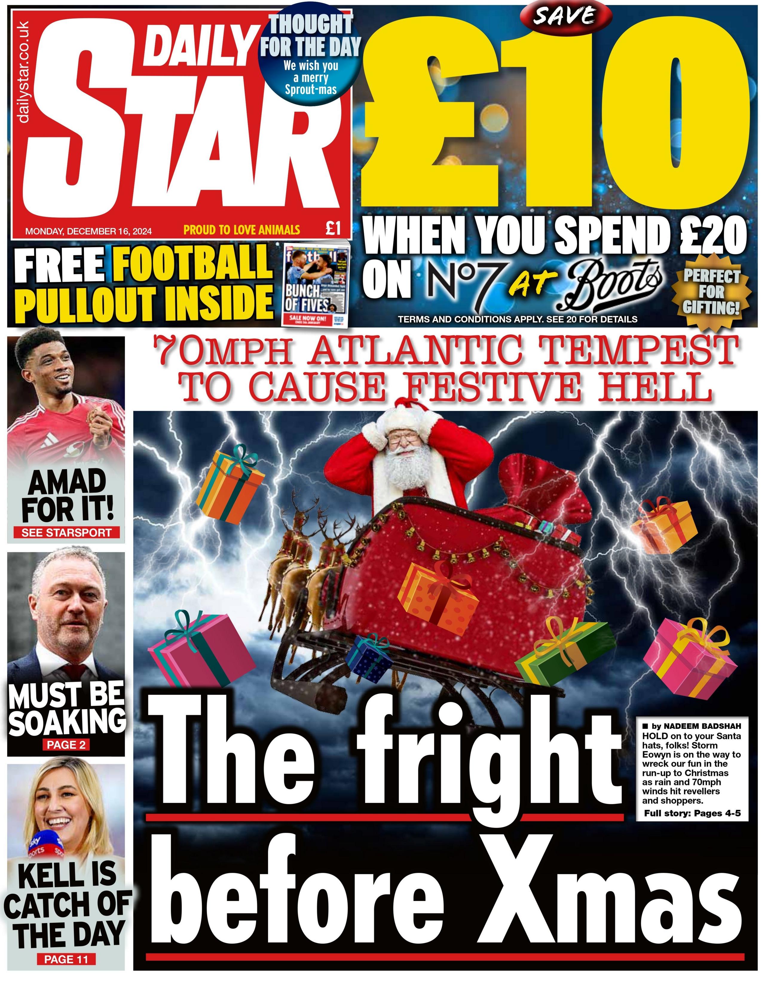 The front page of the Daily Star, headlined with "The Fright before Xmas". 