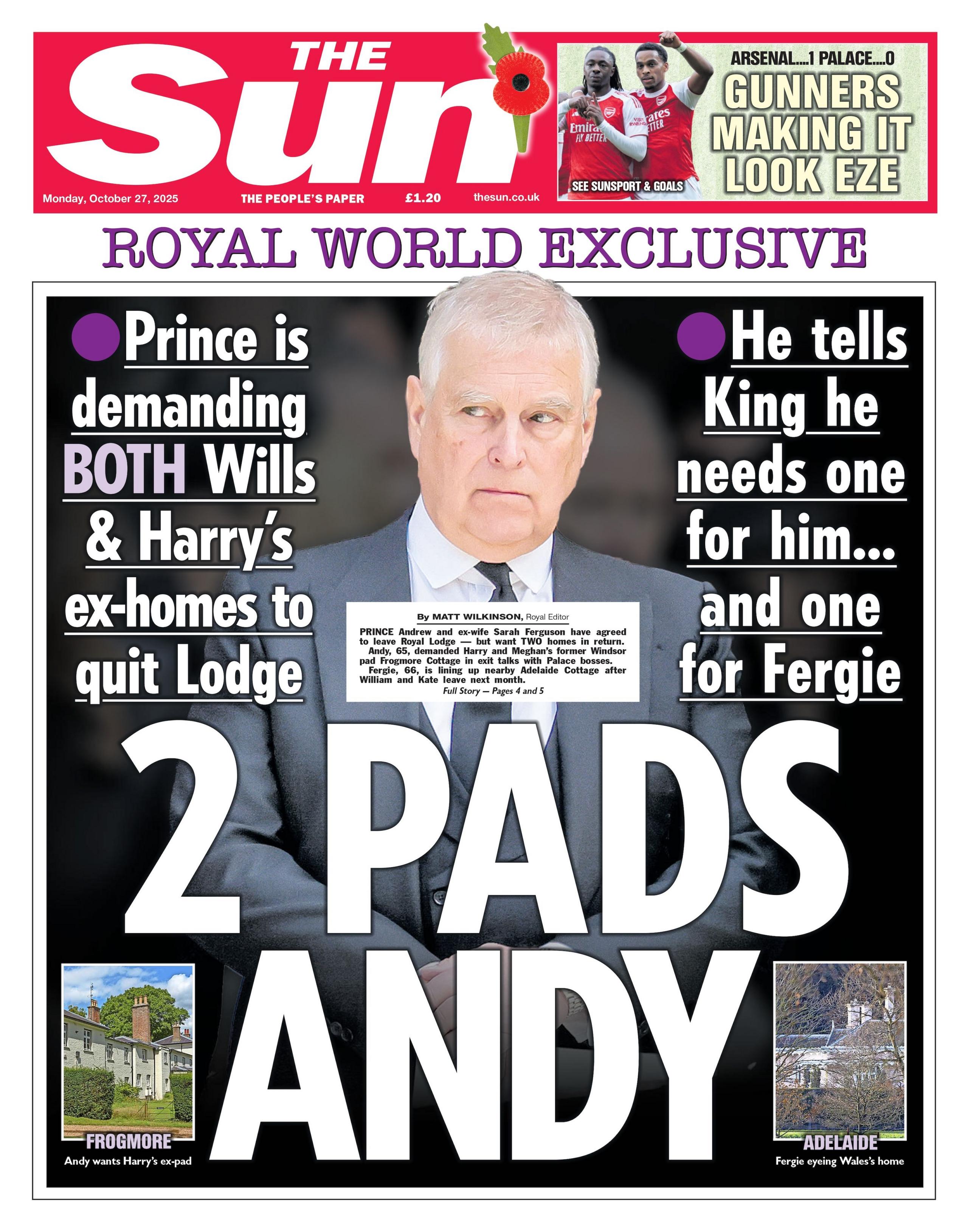 "Two pads Andy" reads the headline on the front page of The Sun.