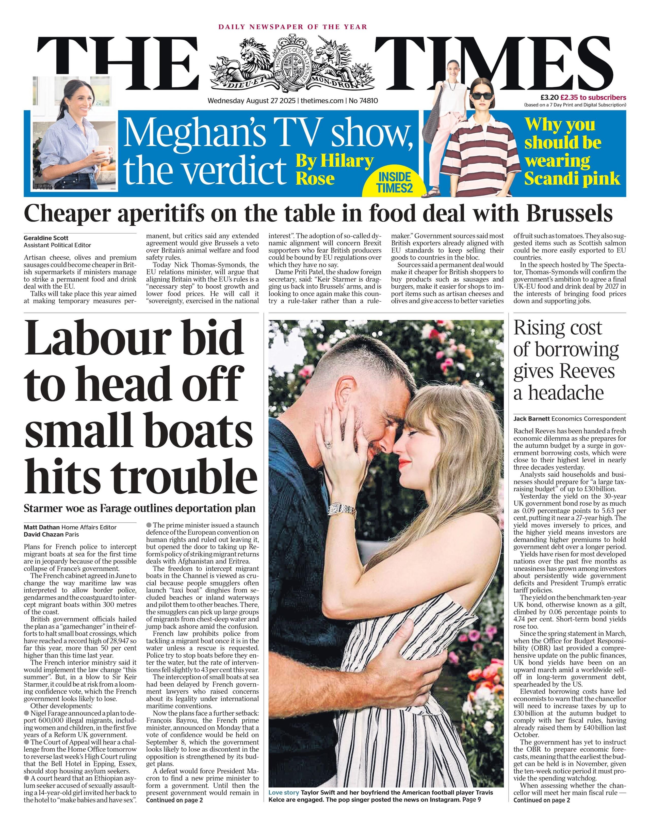 The headline on the front page of the Times reads: "Labour bid to head off small boats hits trouble".