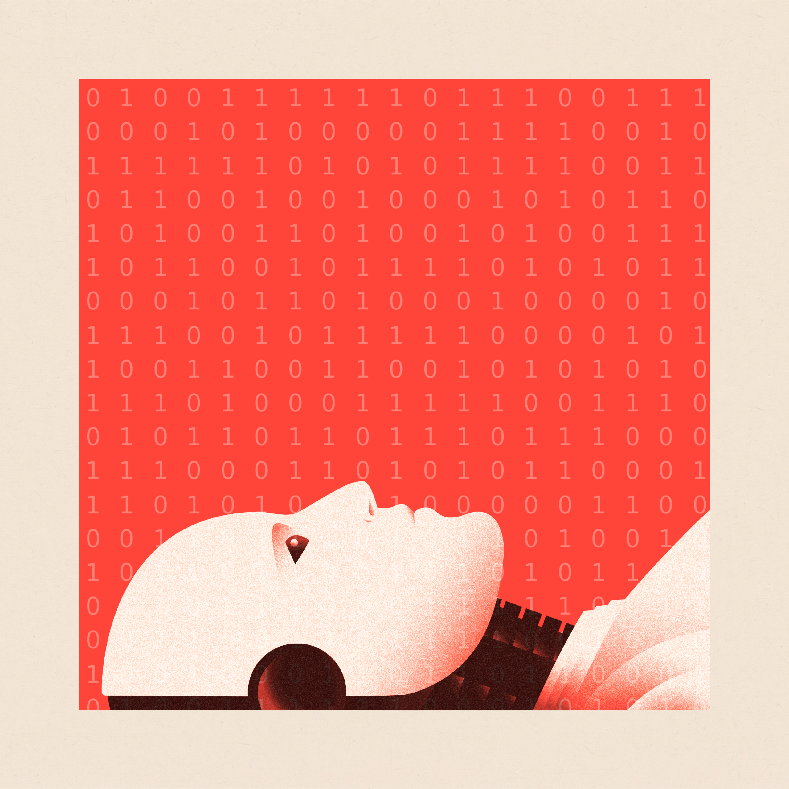 A robot lying on its back and staring up with a background of binary code